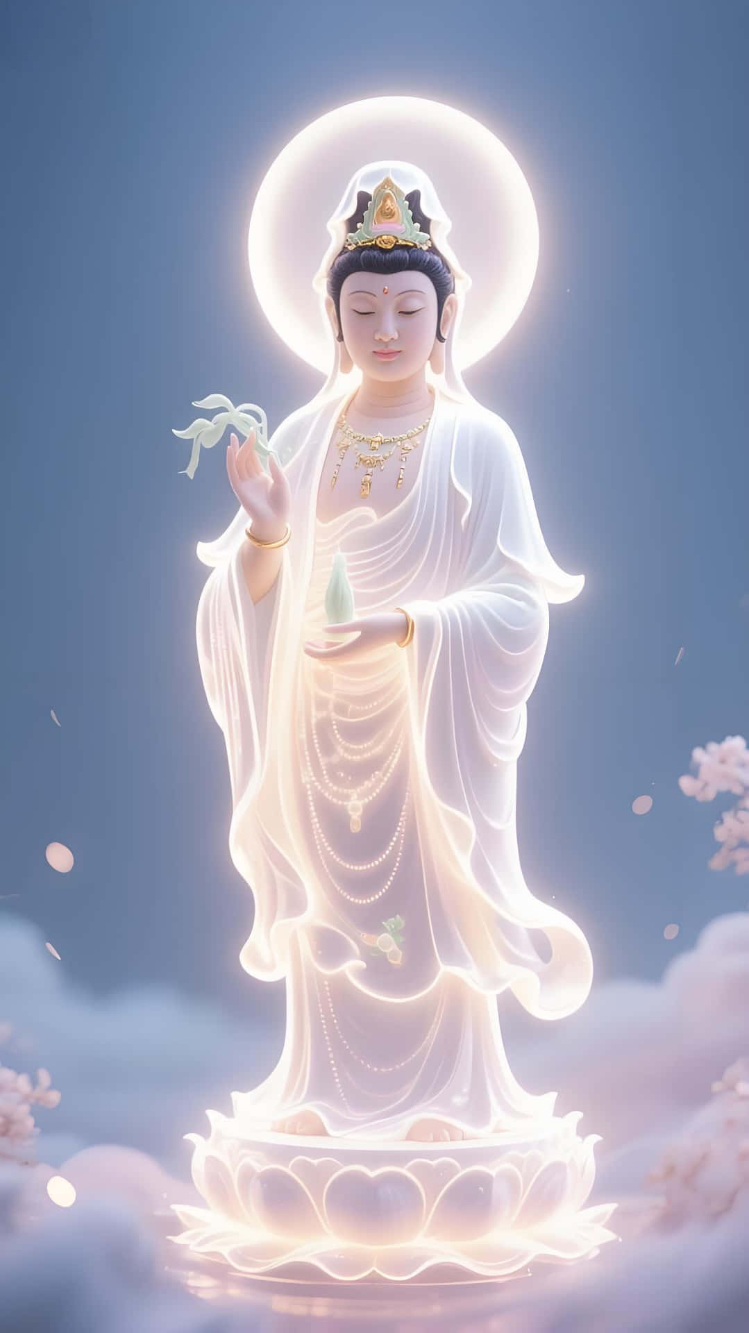 Guanyin Statue: Divine Light Buddhist Art Wallpaper 壁紙 — 一尊寧靜發光的佛像站在蓮花座上，背景是柔和的藍天和飄浮的櫻花。