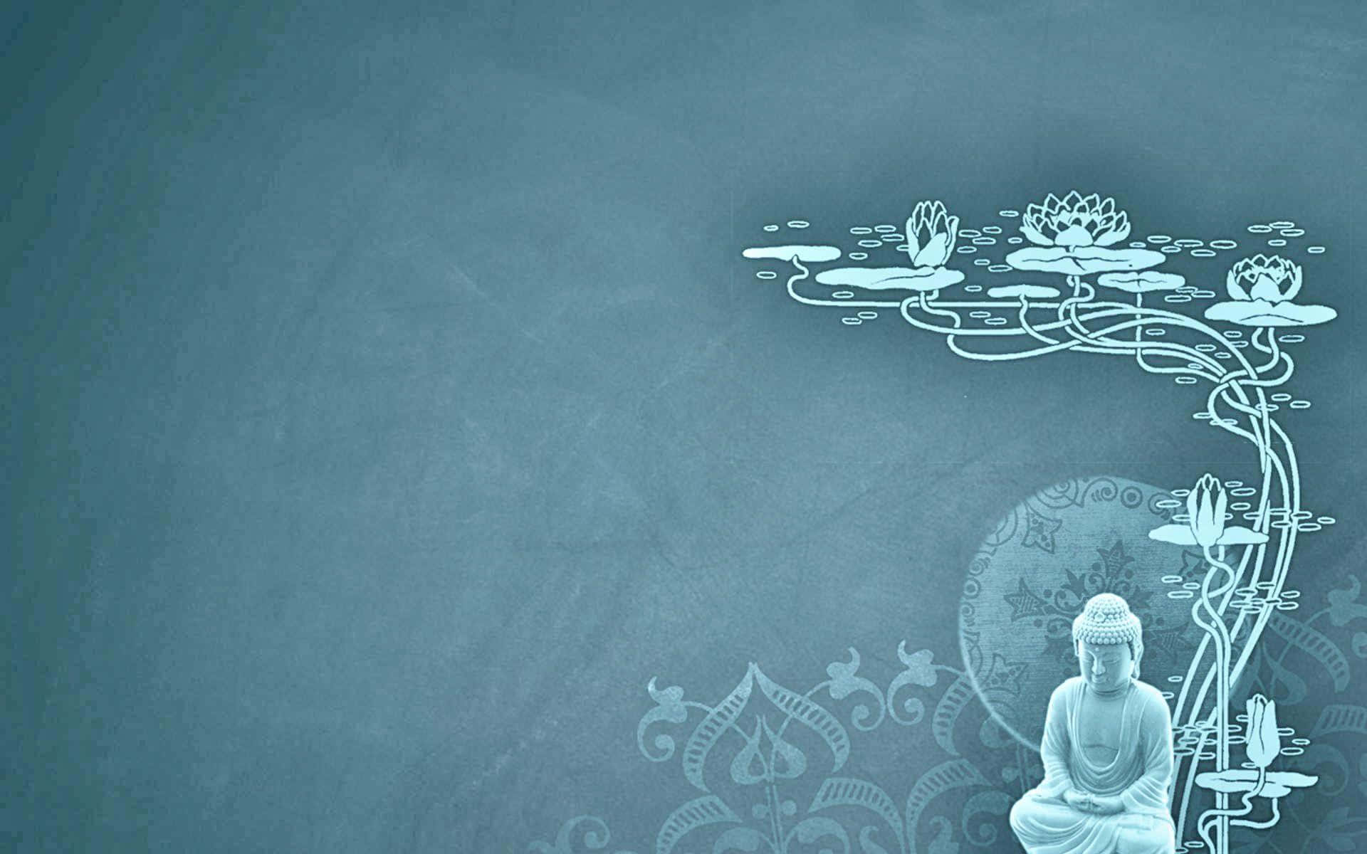 佛陀 桌布 壁紙 — 一尊寧靜的佛像坐在風格化的白色蓮花藤蔓下，背景是帶紋理的青綠色。