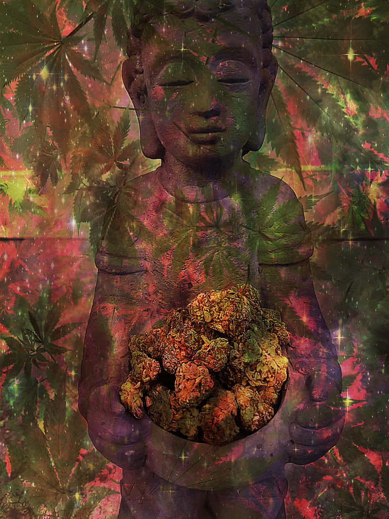 大麻 桌布 壁紙 — 一尊寧靜的佛像手持一碗大麻花蕾，背景是發光的葉狀宇宙。