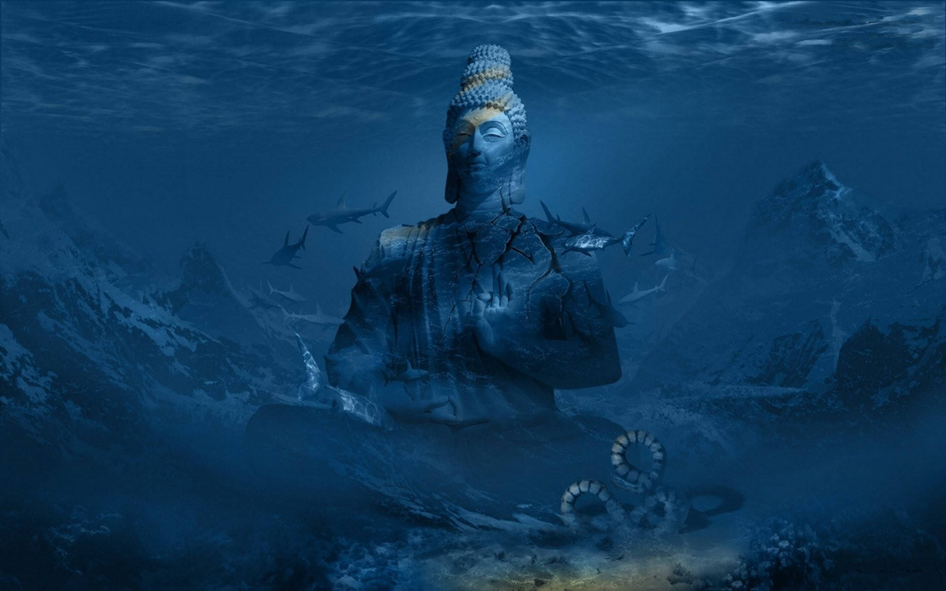Photoshop HD 桌布 壁紙 — 一尊寧靜的佛像沉沒在水中，周圍有鯊魚游動，背景是山脈。