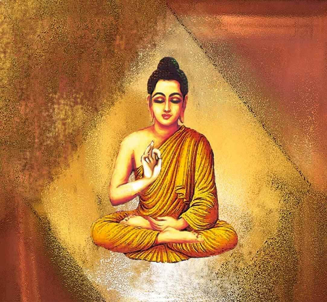 Gautama Buddha 桌布 壁紙 — 一尊寧靜的佛陀身著金色袈裟，在溫暖光芒的燦爛光環下盤腿打坐冥想。