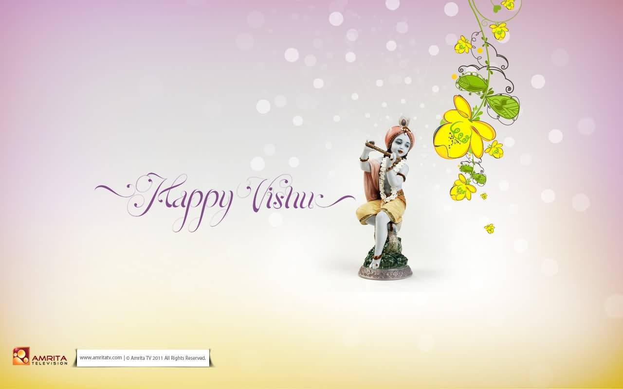 Vishu 桌布 壁紙 — 一尊寧靜的克里希納神吹笛雕像，旁邊是盛開的黃色花朵，背景為柔和漸層，並帶有「Happy Vishu」字樣。
