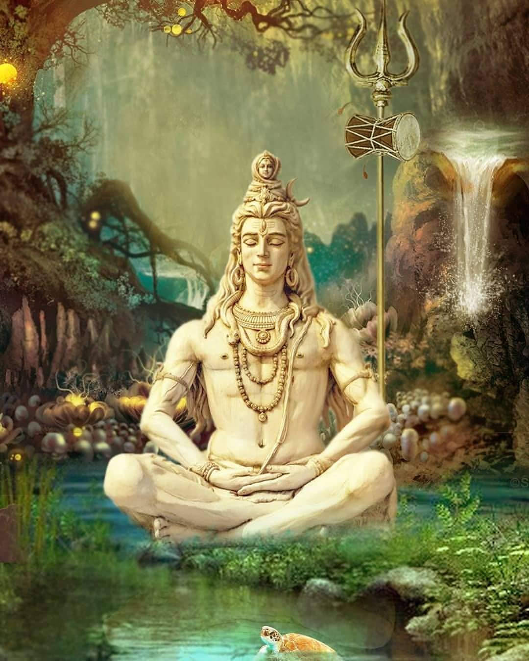 lord shiva mobile 桌布 壁紙 — 一尊寧靜的濕婆神像在神秘的森林水池中冥想，旁邊有瀑布、發光的燈光和一隻在附近游泳的烏龜。