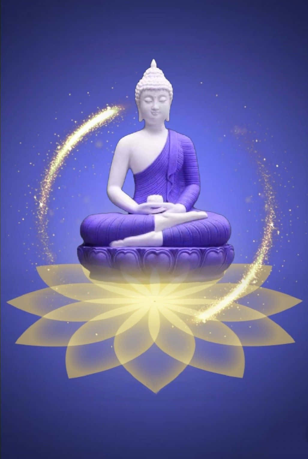 佛陀 桌布 壁紙 — 一尊寧靜的白色佛像，身穿紫色長袍，坐在發光的黃色蓮花上，金色火花以新月形狀在它周圍旋轉，背景是深藍色。