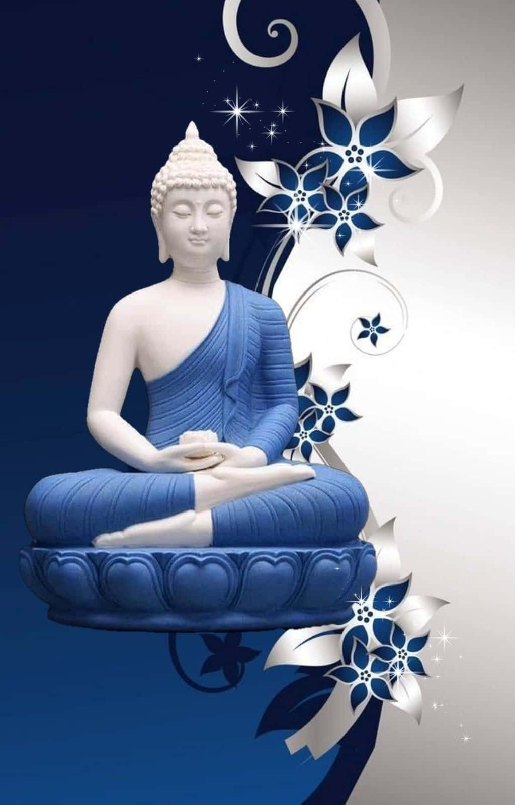 佛陀 桌布 壁紙 — 一尊寧靜的白色佛像，身穿藍色長袍，盤腿坐在蓮花座上，背景是漸變藍色，帶有銀色花卉漩渦和閃光。