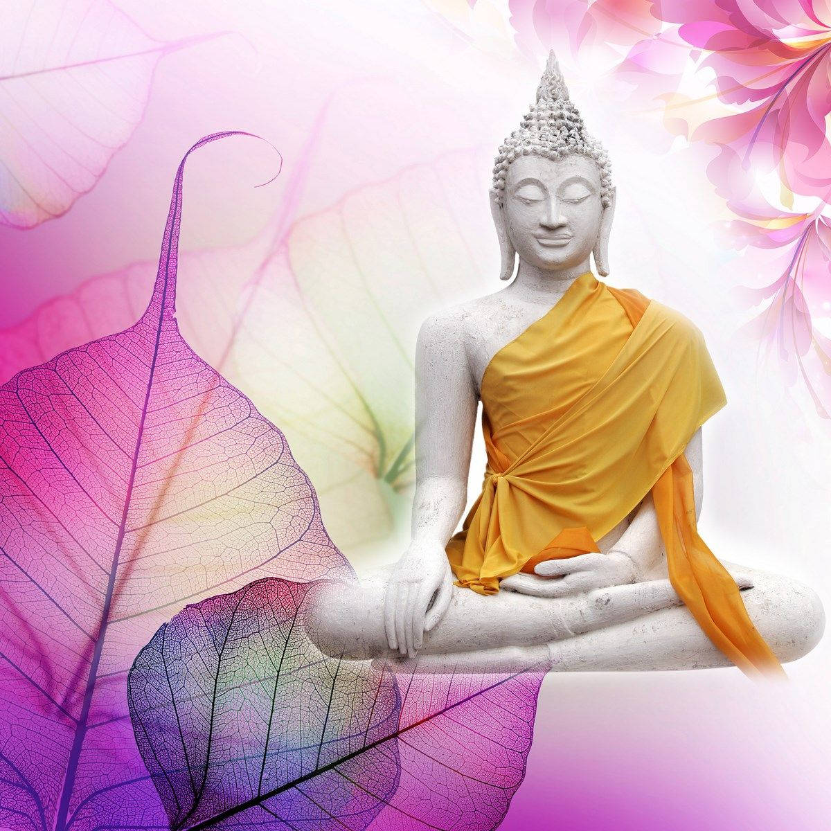 佛陀 桌布 壁紙 — 一尊寧靜的白色佛像披著金色布料，坐在充滿活力的半透明葉子中，背景是柔和的粉紅和紫色漸層。