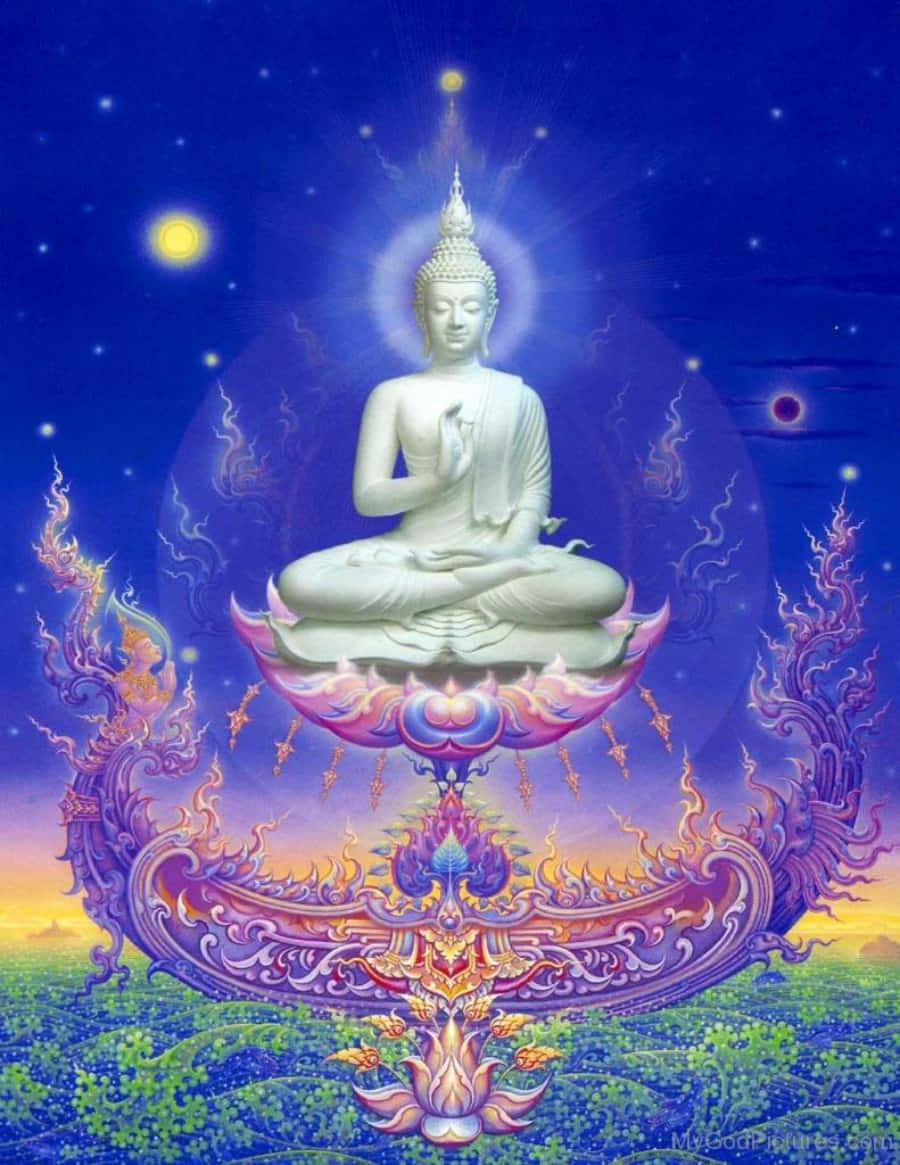 Gautama Buddha 桌布 壁紙 — 一尊寧靜的白色佛像漂浮在發光的蓮花寶座上，下方是繁星點點的暮色天空，伴有天體。
