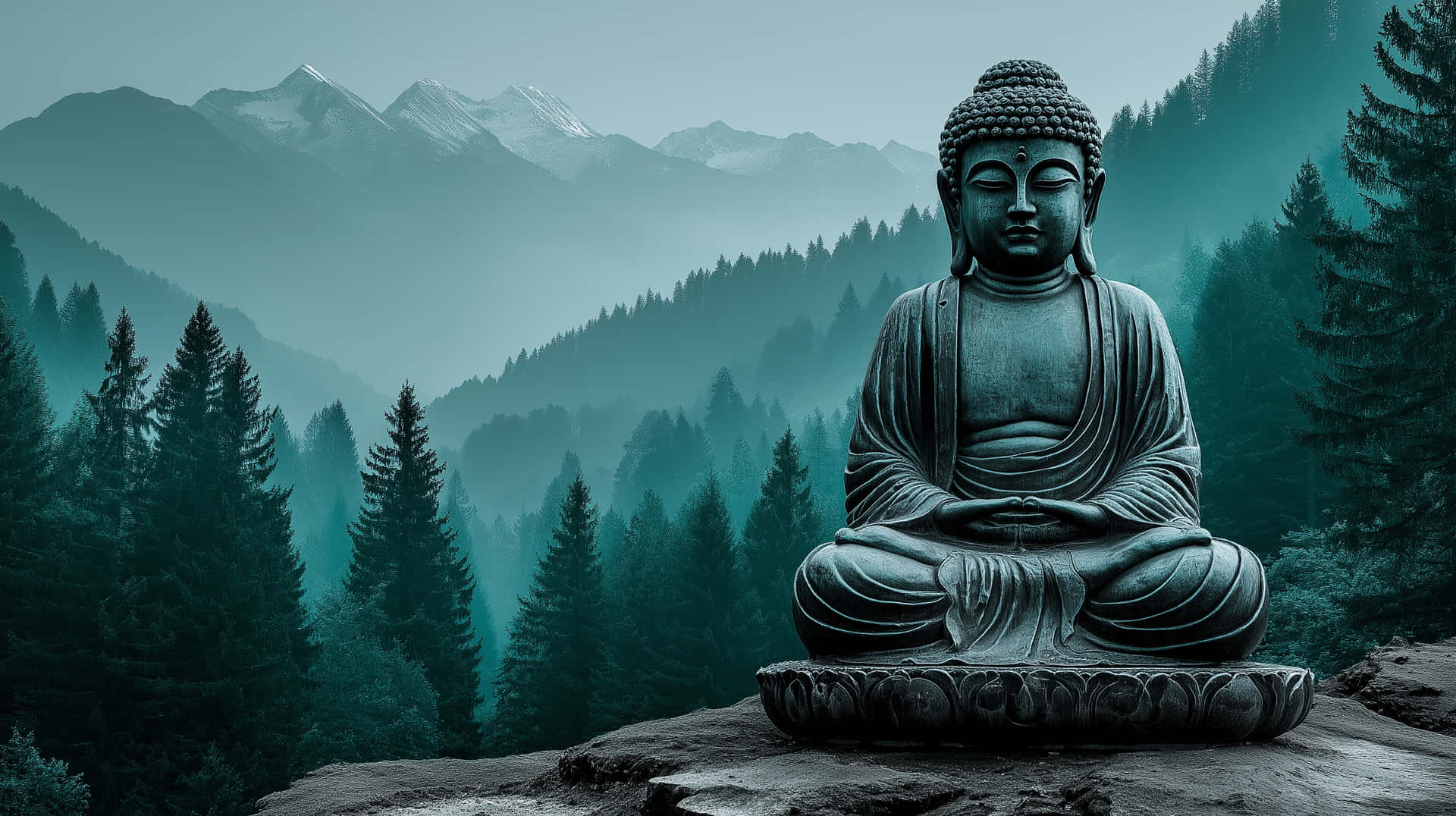 Majestic Buddha Statue Amidst Serene Misty Mountains and Forests 壁紙 — 一尊寧靜的石佛像盤腿坐在岩石上，俯瞰著霧氣瀰漫的森林和遠處的雪山。