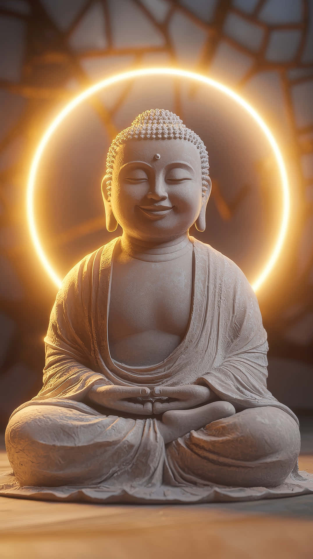Serene Buddha Statue with Glowing Golden Halo of Light 壁紙 — 一尊寧靜的石佛像盤腿閉目而坐，沐浴在發光的金色光環中，背景是裂開的石牆。