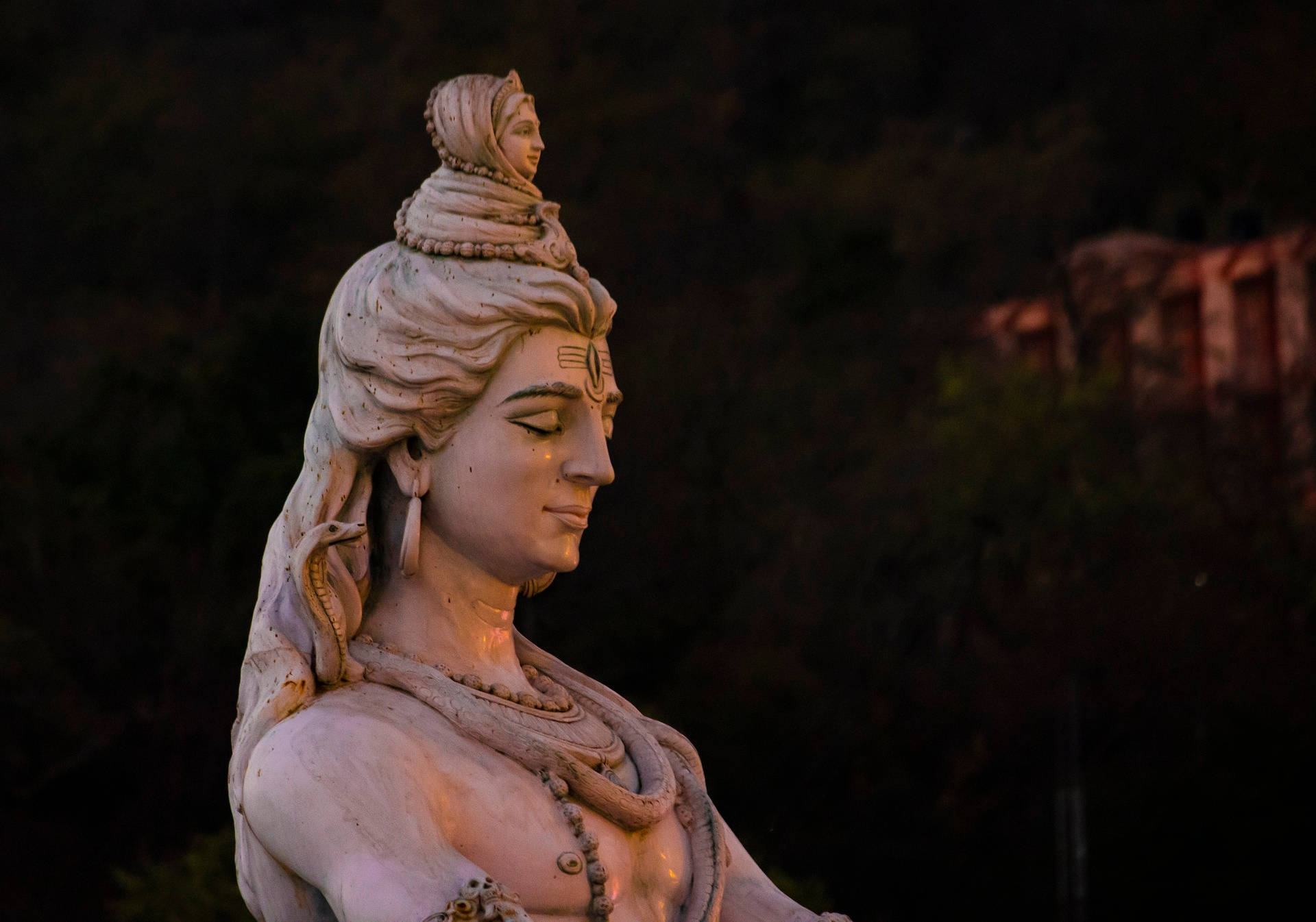 Indian 桌布 壁紙 — 一尊寧靜的石像，神祇閉著雙眼，頭頂有一個小雕像，沐浴在溫暖的晚光中，背景是黑暗的森林。