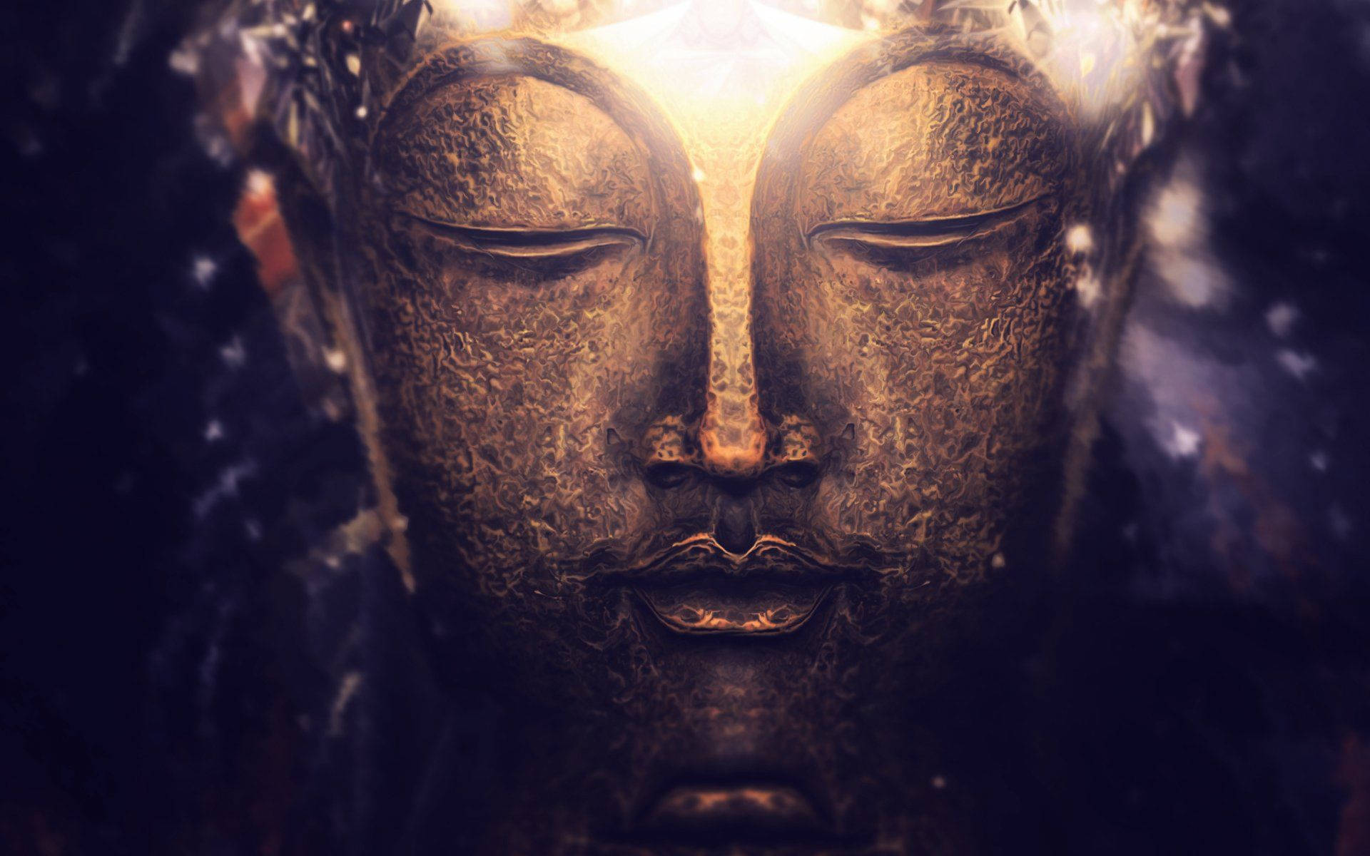 佛陀 桌布 壁紙 — 一尊寧靜的金色佛像閉著眼睛，在黑暗的宇宙背景下散發出神聖的光芒。