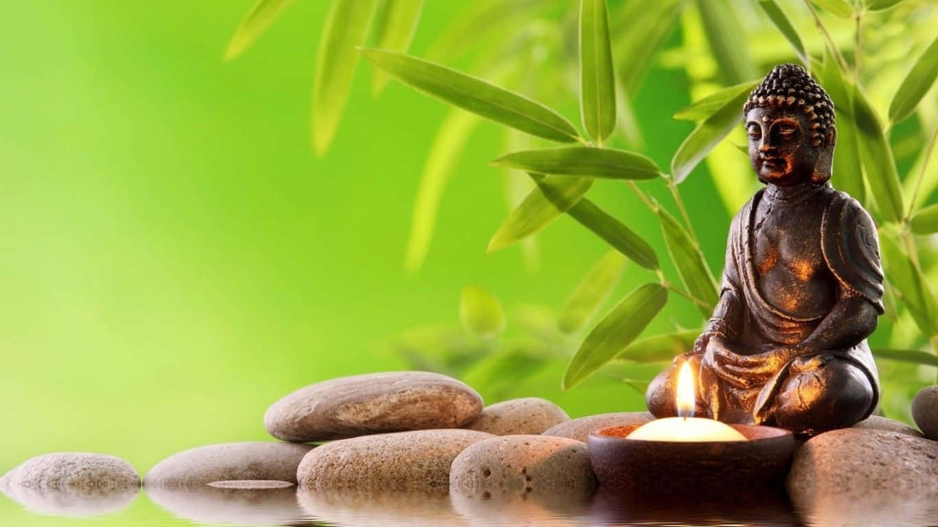 禪 桌布 壁紙 — 一尊寧靜的青銅佛像坐在光滑的石頭上，旁邊有一根點燃的蠟燭，周圍環繞著充滿活力的綠色竹葉。