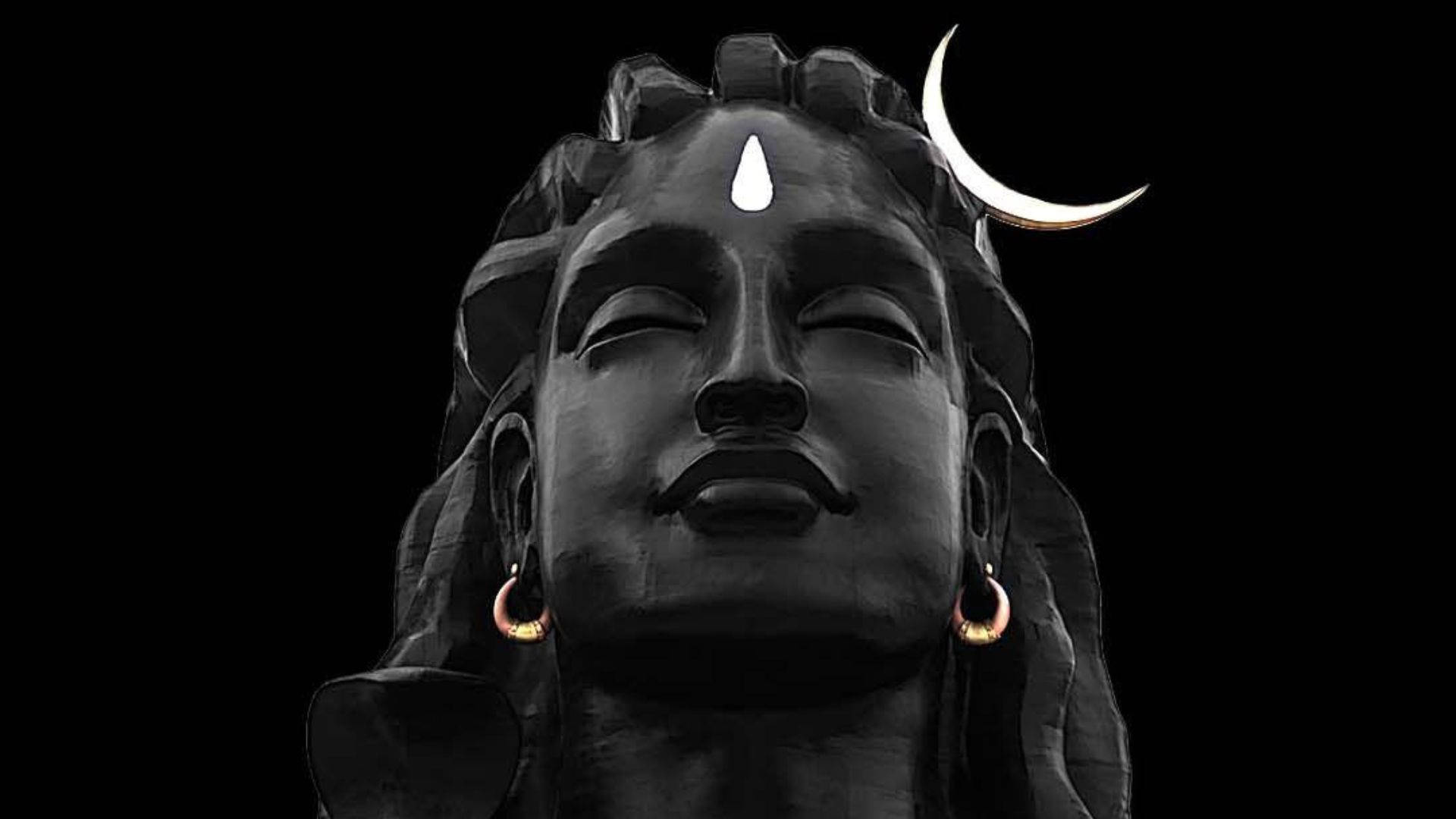 shiva dark 桌布 壁紙 — 一尊寧靜的黑色神像，閉著眼睛，上方有新月，在黑暗背景下閃耀著白色的第三隻眼。