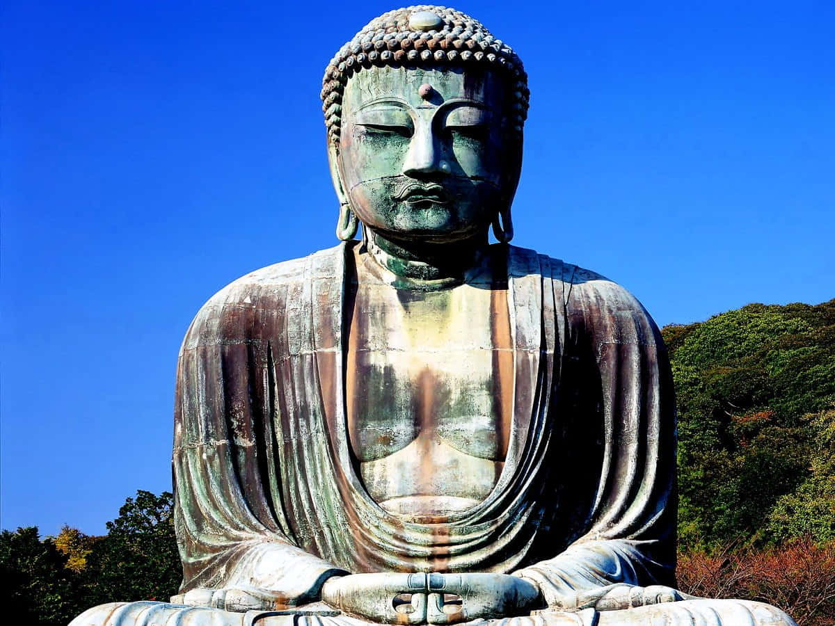 佛陀 桌布 壁紙 — 一尊巨大的風化青銅佛像，在鮮豔的藍天和綠樹背景下靜靜地坐著。