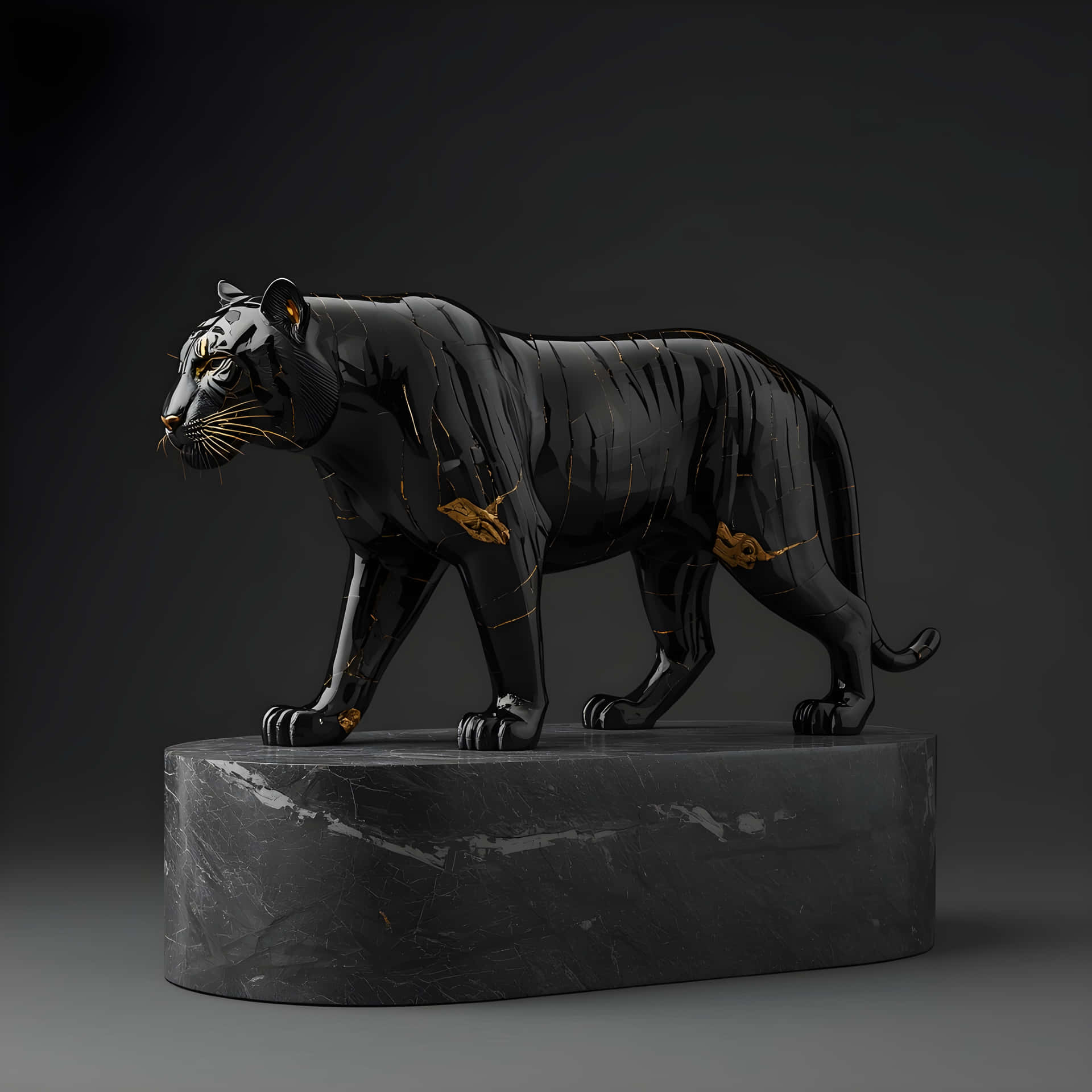 Luxurious Black and Gold Tiger Sculpture Wallpaper 壁紙 — 一尊帶有金色點綴的光澤黑色老虎雕塑，矗立在深色大理石底座上，背景為漸變灰色。