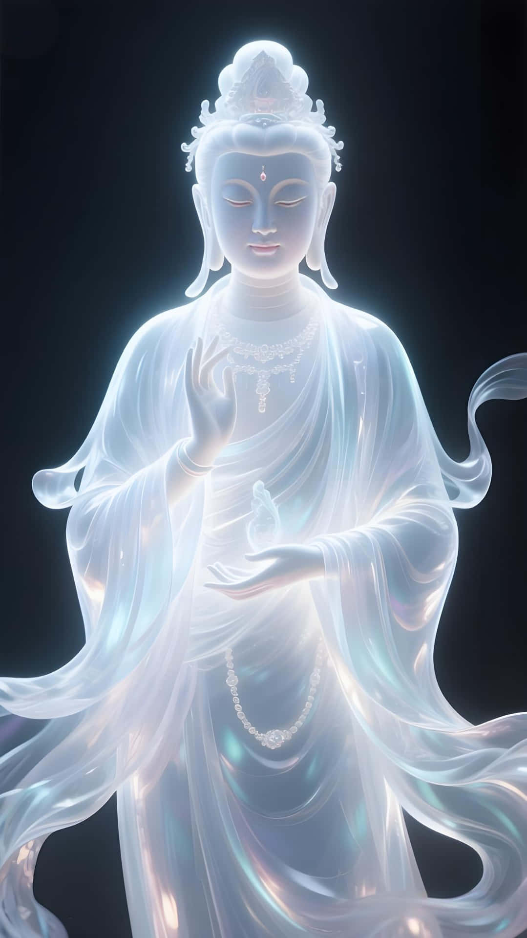 Guanyin Statue: Ethereal Divine Light Art Wallpaper 壁紙 — 一尊發光的白色佛像在黑暗背景下散發出柔和的光芒，衣袍飄逸，神情安詳。