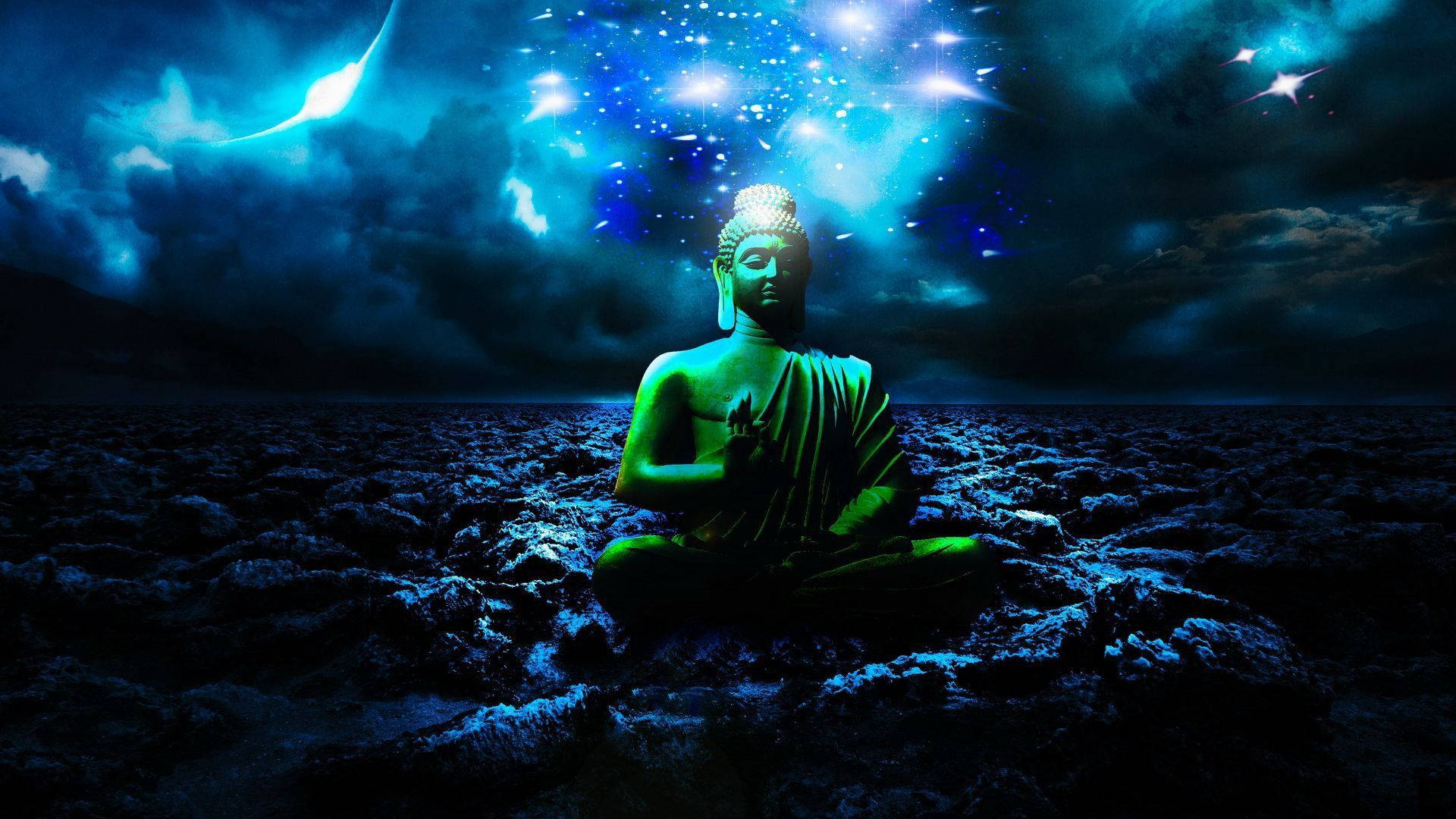 佛陀 桌布 壁紙 — 一尊發光的綠色佛像在佈滿閃爍星星和閃電的暴風雨藍天下，在岩石平原上寧靜地冥想。