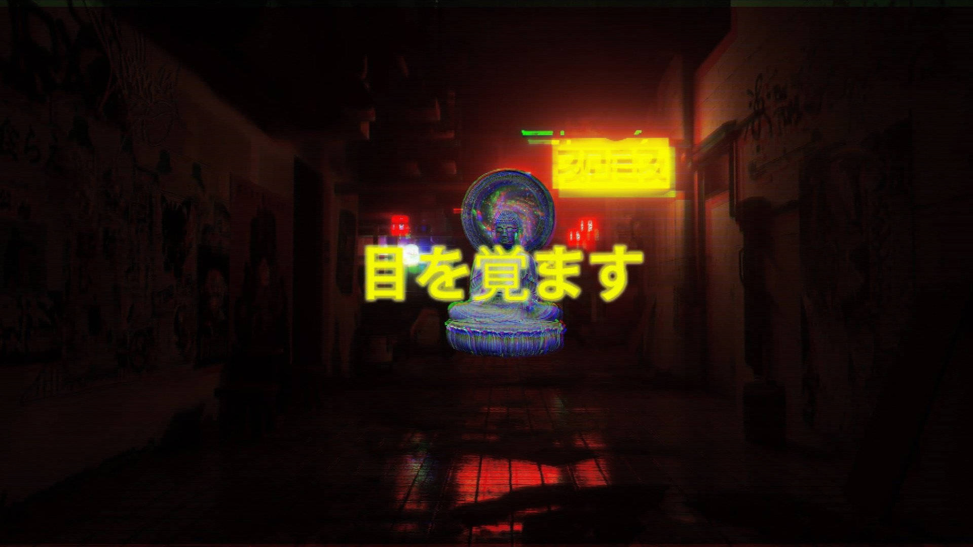 Japanese Aesthetic 桌布 壁紙 — 一尊發光的藍色佛像坐在黑暗小巷中央，被霓虹燈和塗鴉牆照亮。