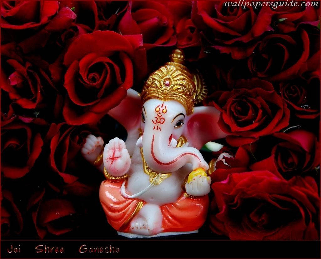 Ganesh 桌布 壁紙 — 一尊白色和金色的象神雕像優雅地坐在深紅玫瑰中，細節精緻，燈光溫暖。