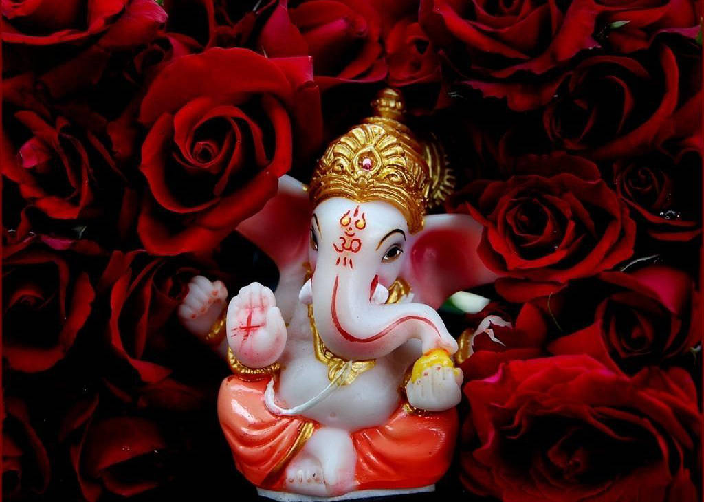 cute ganesha 桌布 壁紙 — 一尊白色和金色的象頭神雕像優雅地坐在深紅色玫瑰中，花瓣精緻複雜。