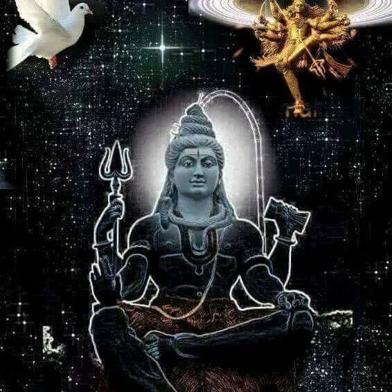 黑色石雕濕婆手持三叉戟和斧頭，周圍有星星、鴿子和金色神祇。