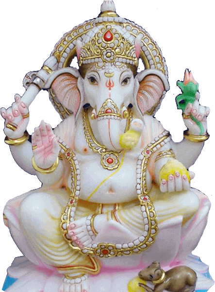 Hinduism 桌布 壁紙 — 一尊精細的象頭神像，飾有黃金珠寶和粉紅色服飾，安詳地坐在黑色背景前的蓮花底座上。