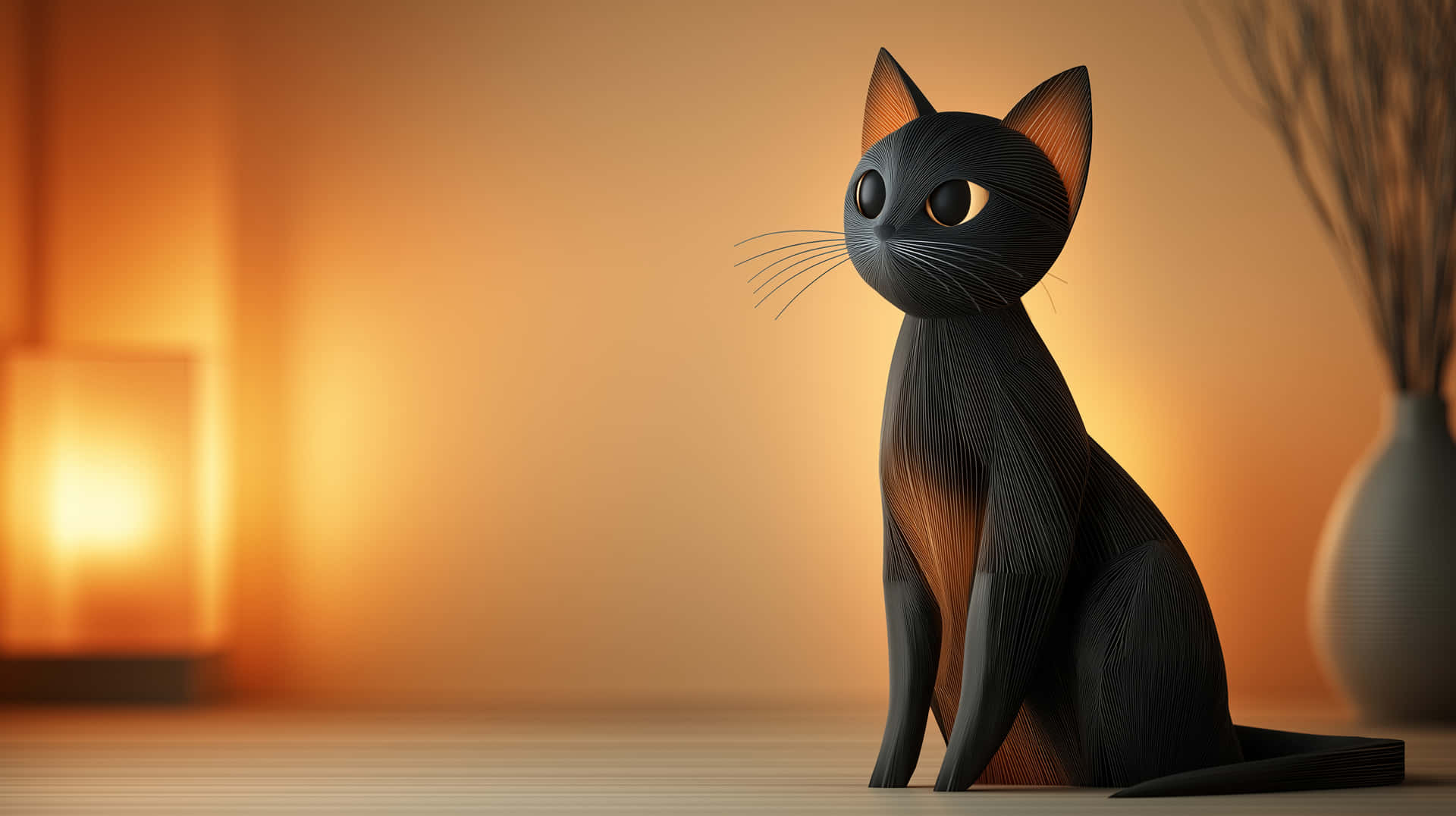 Sitting Feline Paper Sculpture in Warm Ambient Light 壁紙 — 一尊線條紋理分明的時尚黑貓雕塑，置於木地板上，背景是溫暖的琥珀色燈光。