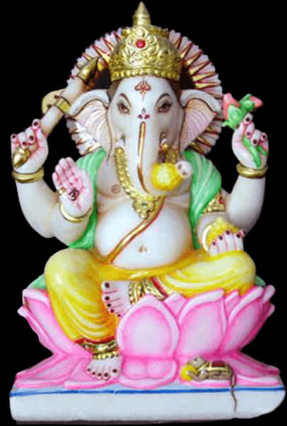 Hindu God 桌布 壁紙 — 一尊色彩繽紛的象神迦尼薩雕像，坐在粉紅色蓮花上，戴著金色皇冠和珠寶，背景為黑色。