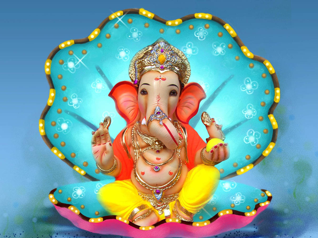 Ganesh 桌布 壁紙 — 一尊色彩鮮豔的象神像，飾有黃金珠寶，盤腿坐在粉紅色蓮花上，背景是發光的藍色花卉圖案。