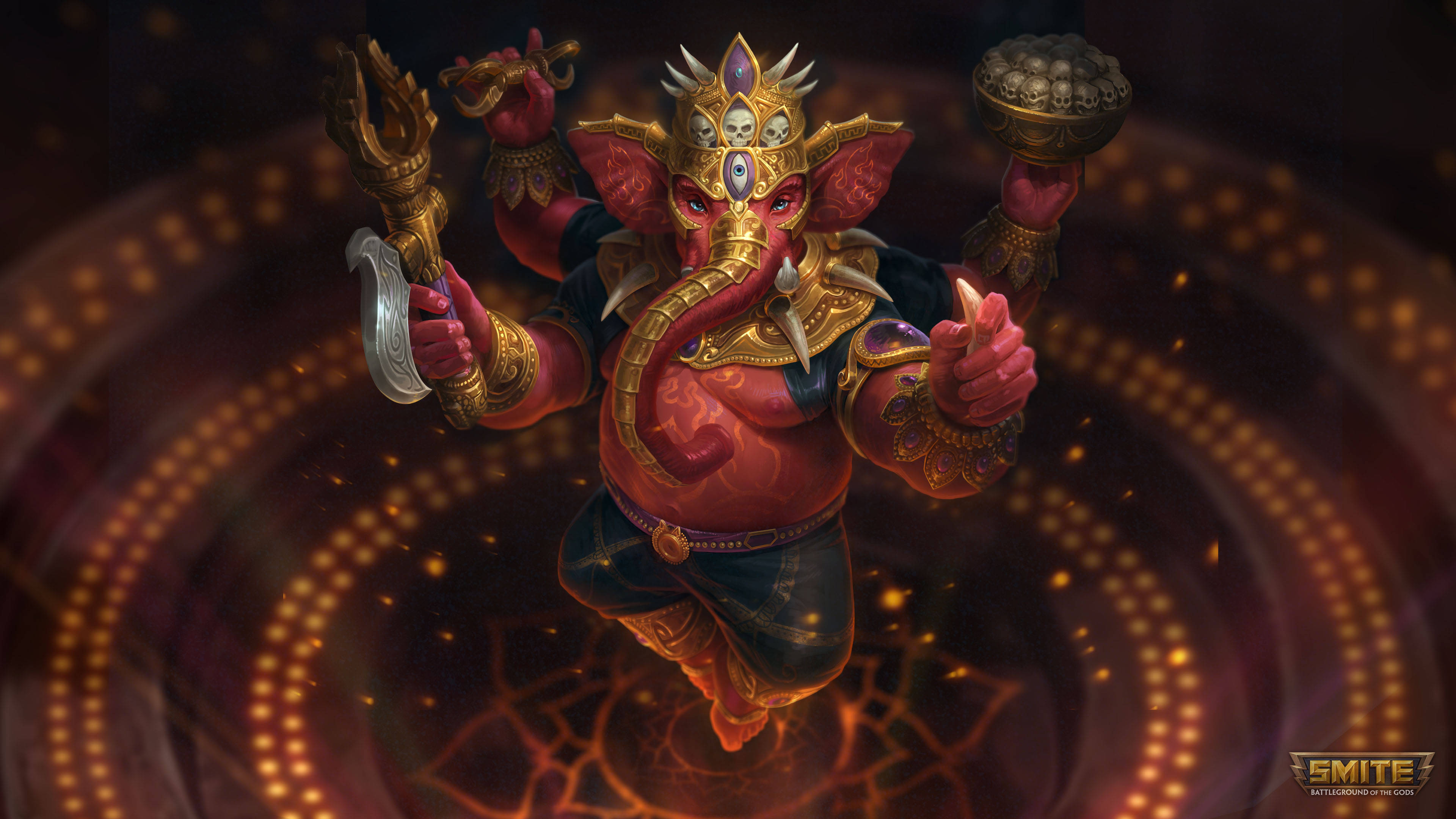ganpati 4K 桌布 壁紙 — 一尊莊嚴的紅皮膚象頭神，身穿金色盔甲，頭戴骷髏裝飾的王冠，漂浮在旋轉的火焰光紋中。