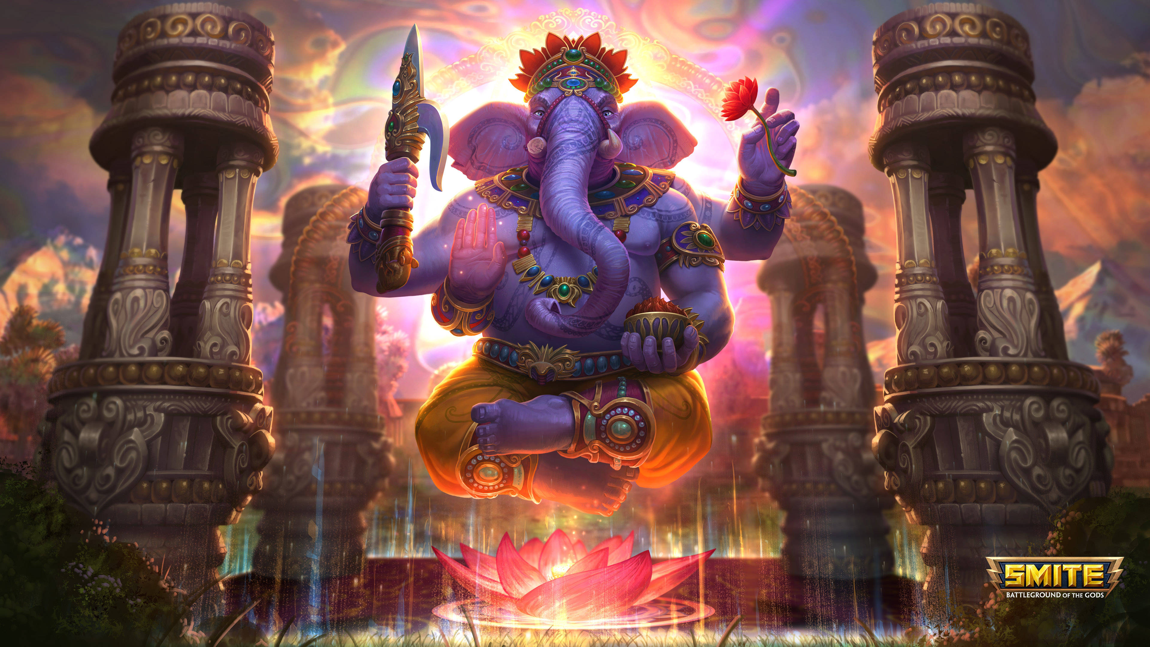 ganpati 4K 桌布 壁紙 — 一尊莊嚴的紫色象神漂浮在發光的粉紅色蓮花之上，位於華麗的柱子之間，背景是充滿活力的日落天空。