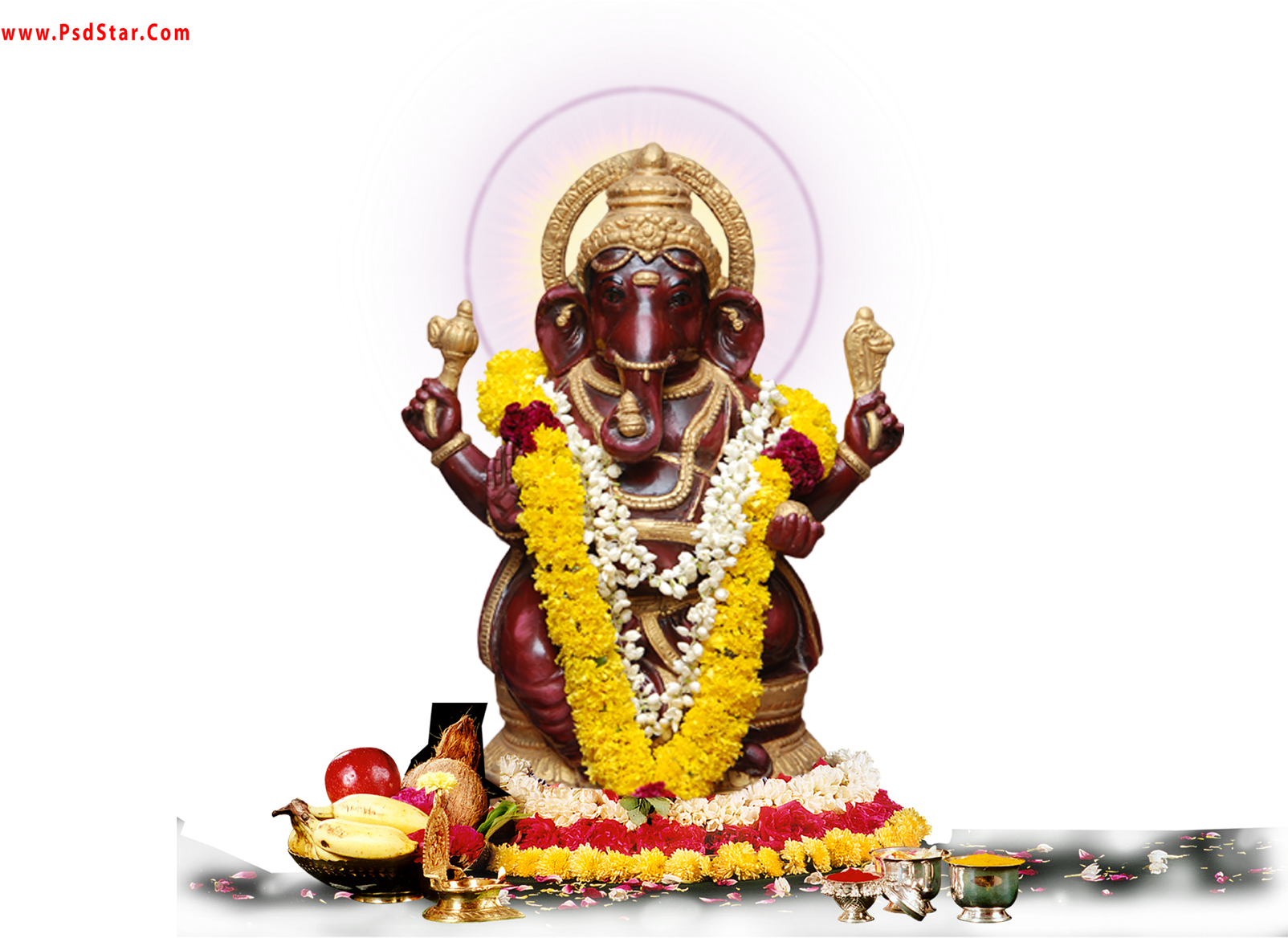 Hinduism 桌布 壁紙 — 一尊裝飾華麗的深棕色象頭神像，帶有金色飾物和黃白色花環，坐在黑色背景前發光的紫色光環前。