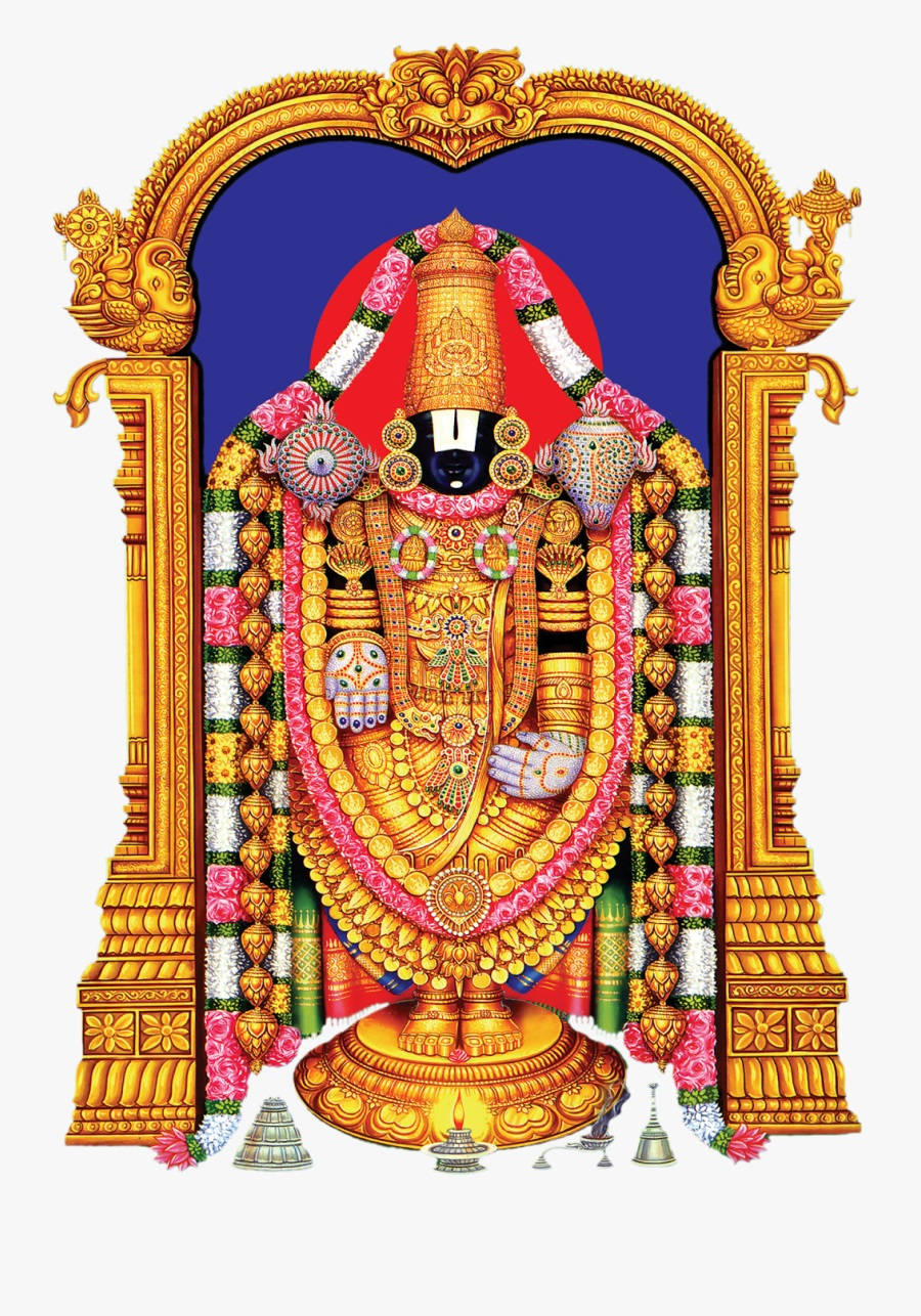 Venkateswara 桌布 壁紙 — 一尊裝飾華麗的金色神像，以精緻的拱門和色彩繽紛的花環襯托，背景為深藍色。
