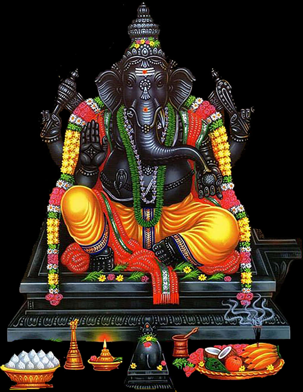 Hindu God 桌布 壁紙 — 一尊裝飾華麗的黑色象神雕像莊嚴地坐在基座上，周圍環繞著色彩繽紛的供品和點燃的燈盞，背景為深色。
