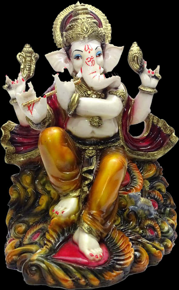 Ganpati 桌布 壁紙 — 一尊詳細的象頭神像，戴著金色皇冠、紅色長袍，底座華麗，背景為黑色。