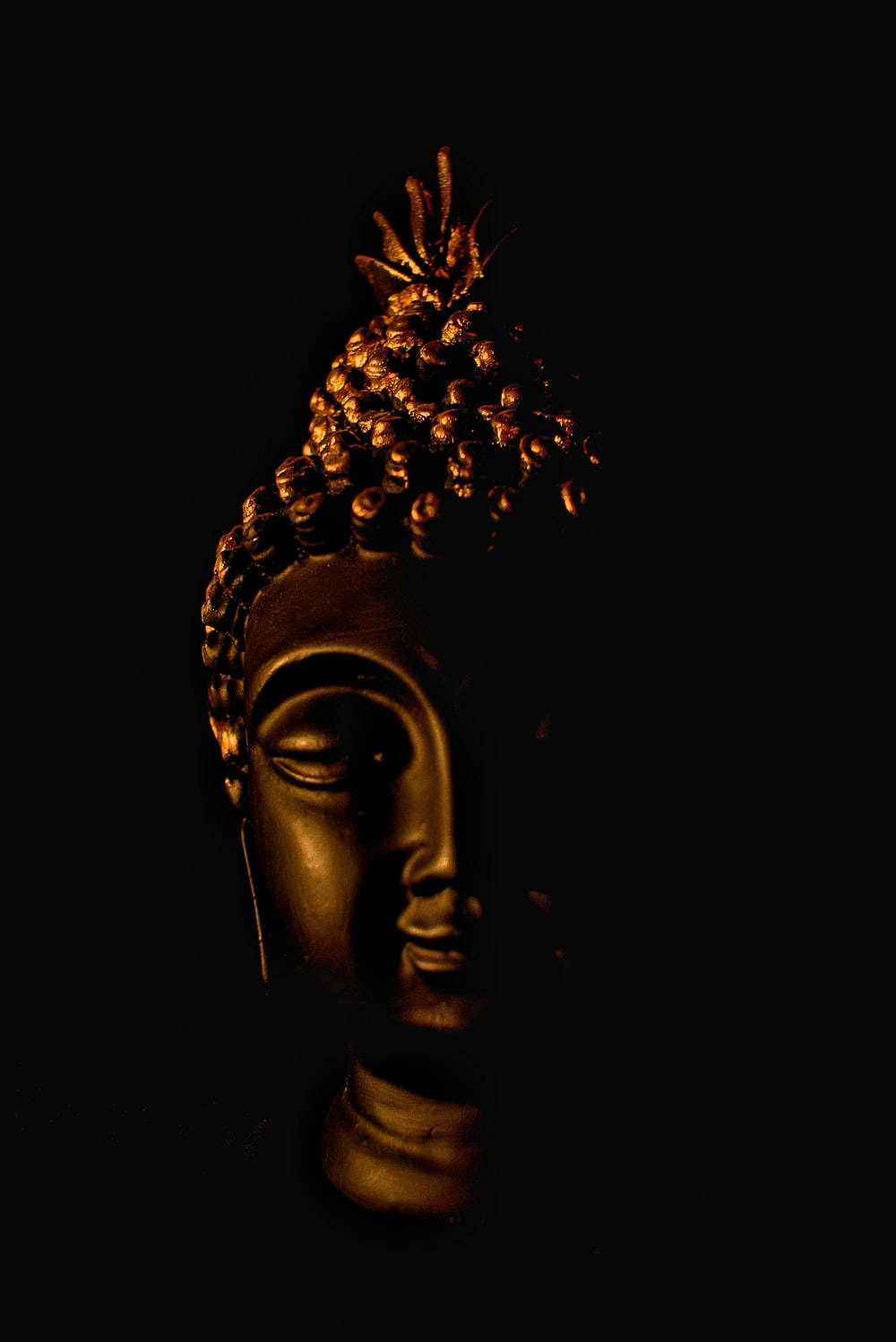 昏暗光線下的金色佛像頭像，黑色背景。 — 佛陀 GIF 壁紙