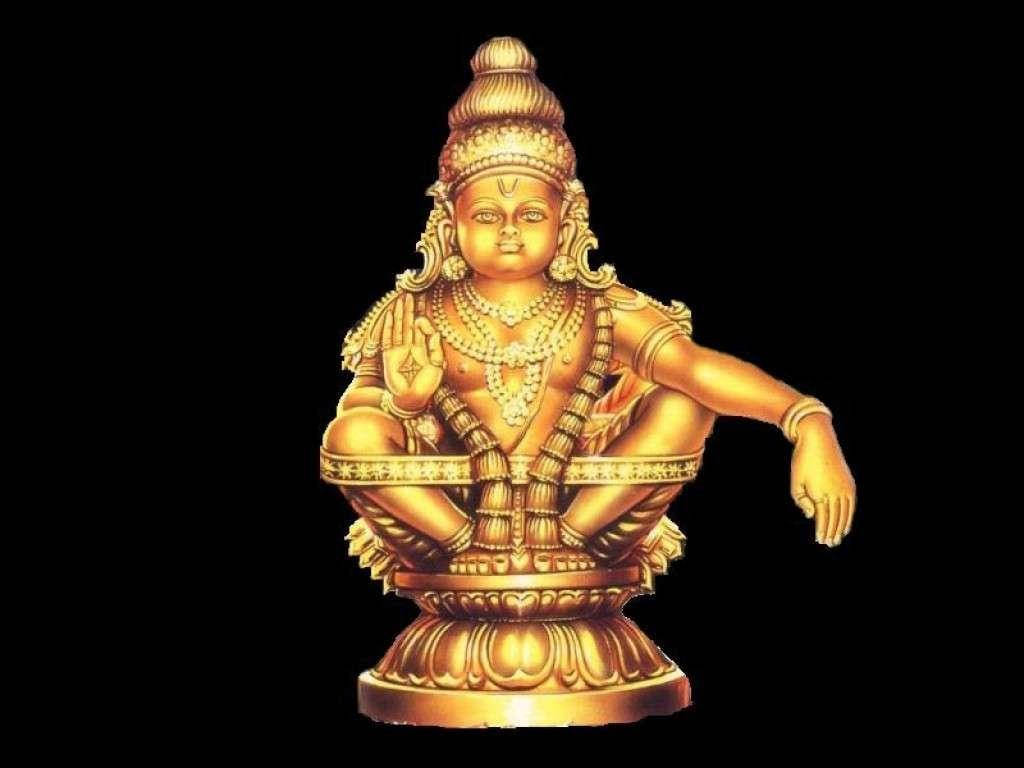 Ayyappa 桌布 壁紙 — 一尊金色印度教神祇坐像，飾以精緻珠寶和皇冠，背景為黑色。