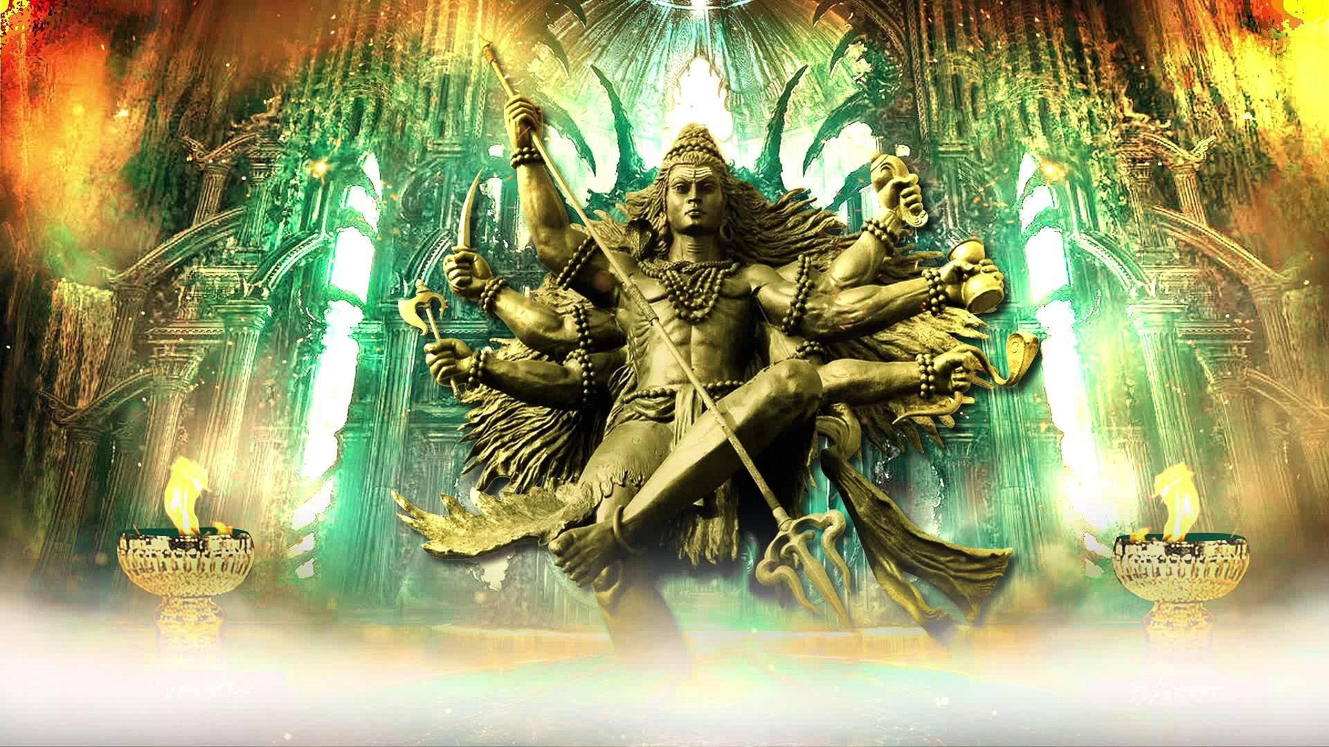 statue 桌布 壁紙 — 一尊金色的多臂印度教神像在裝飾華麗的寺廟中散發神聖能量，寺廟閃爍著綠色和橙色的光芒。