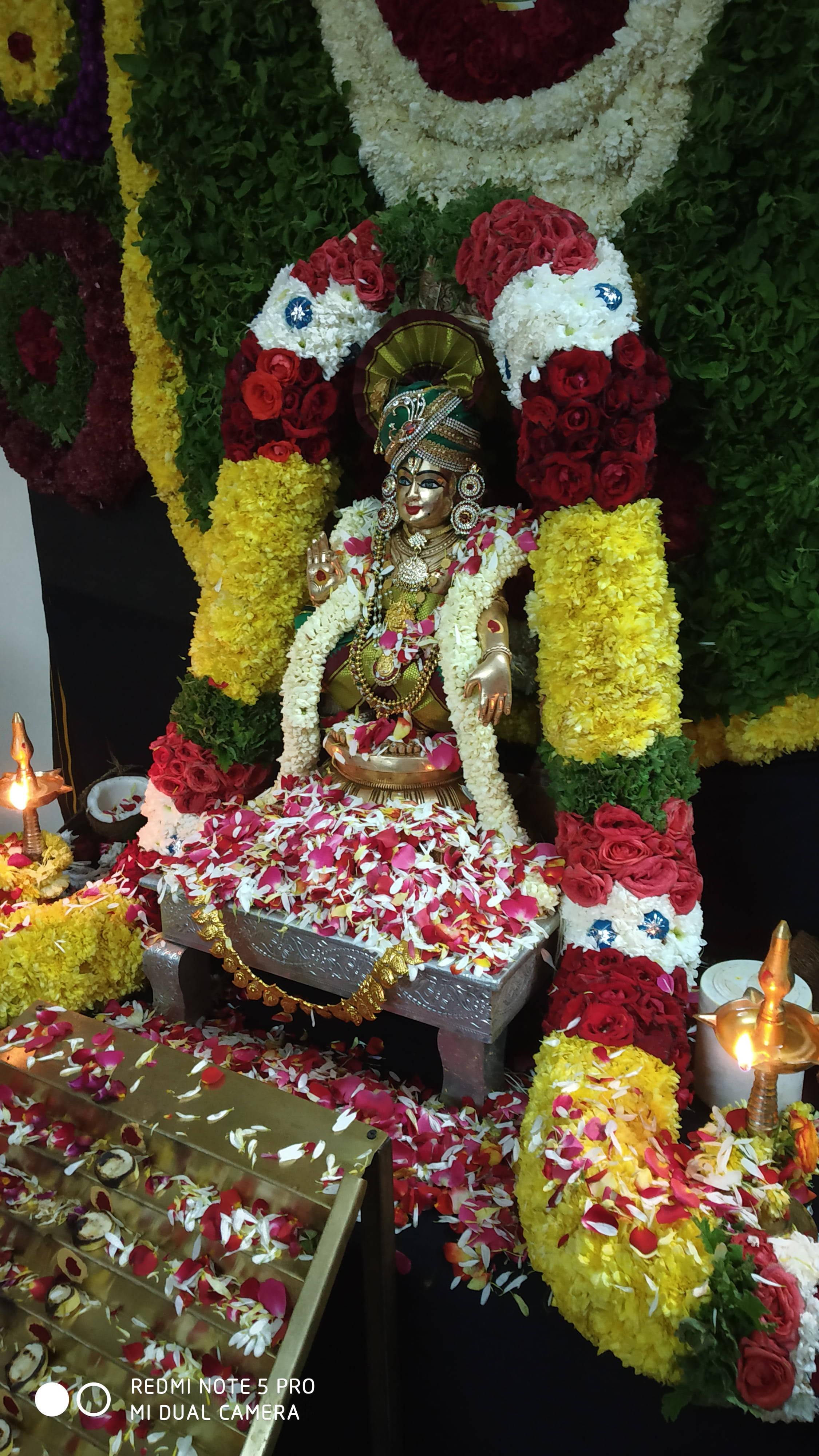 Ayyappa 桌布 壁紙 — 一尊金色神像裝飾著紅、黃、白色的花環，坐在基座上，周圍散落著玫瑰花瓣和點燃的油燈。