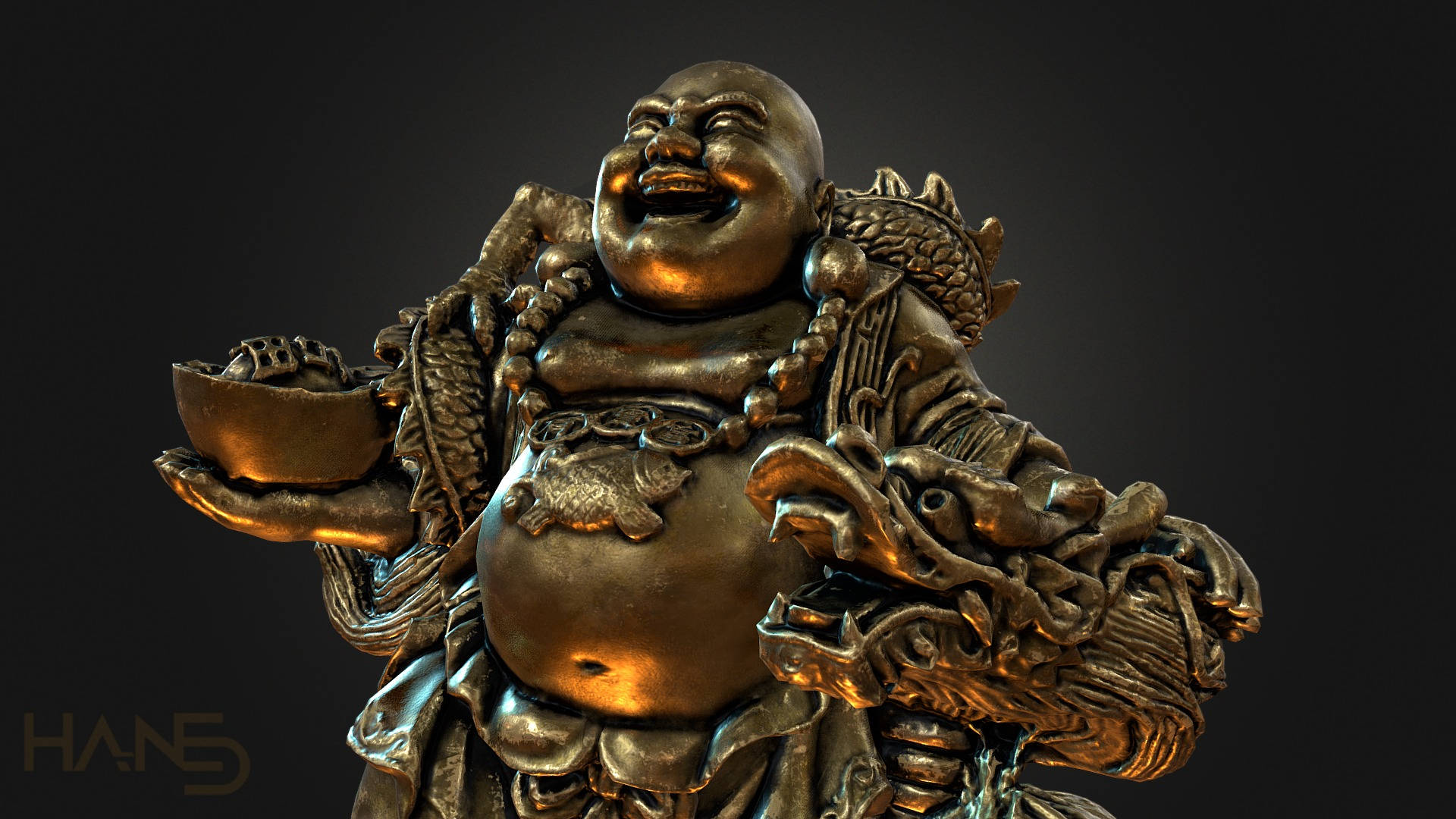 Statue Aesthetic 桌布 壁紙 — 一尊閃亮的笑佛青銅像，手持缽盂，身披華麗長袍，背景為深色漸變。