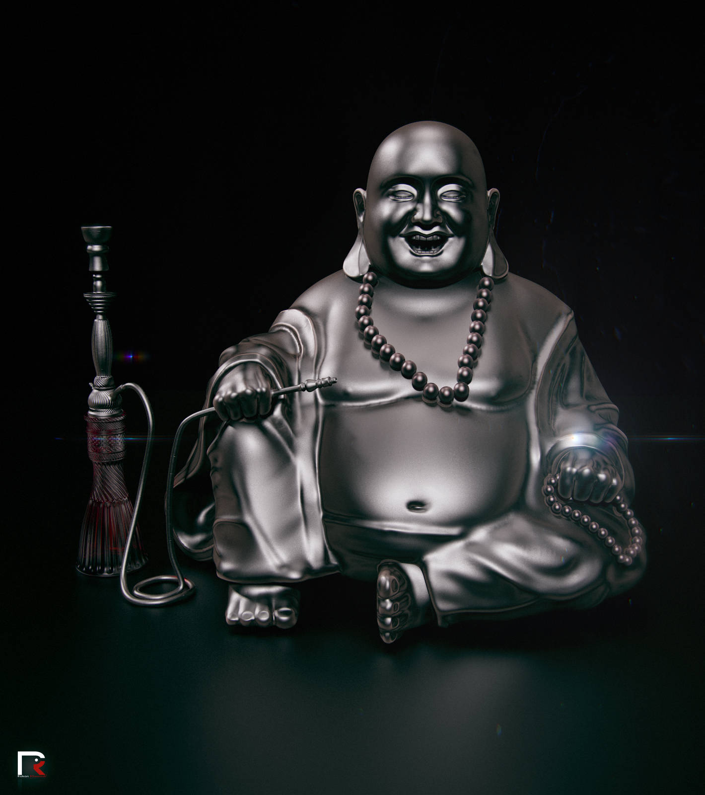 Statue Aesthetic 桌布 壁紙 — 一尊閃亮的金屬佛像盤腿而坐，手持水煙壺，在黑暗背景下露出燦爛的笑容。