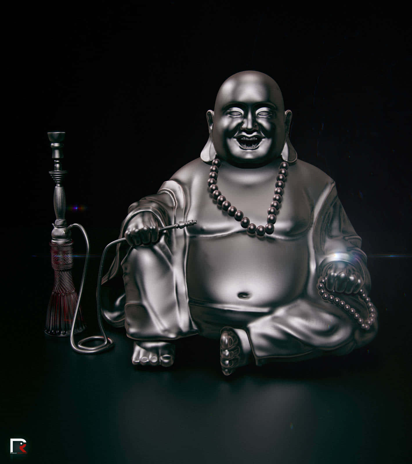 Laughing 桌布 壁紙 — 一尊閃亮的金屬佛像盤腿而坐，手持水煙壺，背景昏暗，燈光效果戲劇性。