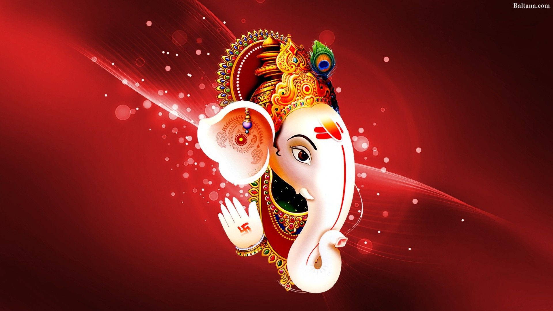 Ganesh 桌布 壁紙 — 一尊閃耀的白象頭神祇，飾有金色飾物和孔雀羽毛，背景為發光的紅色。