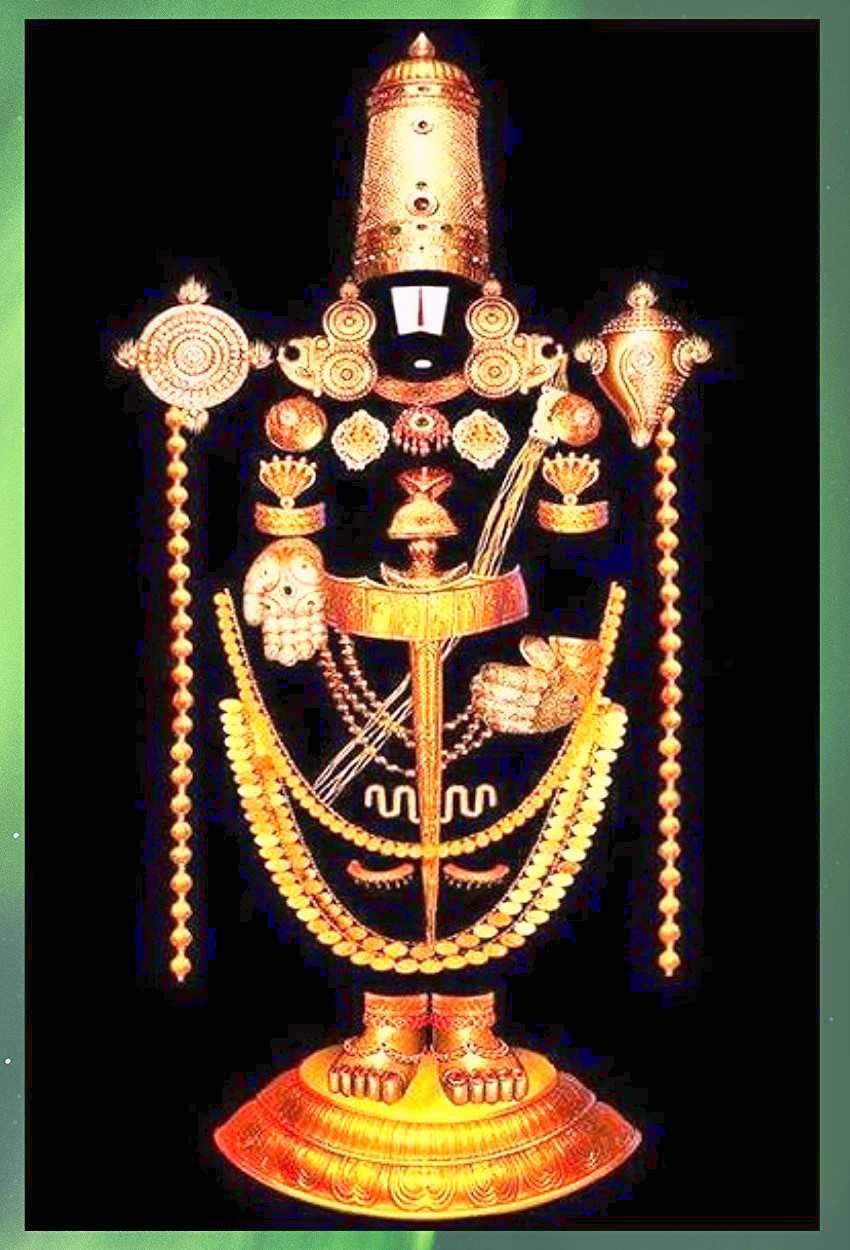 Venkateswara 桌布 壁紙 — 一尊閃耀的金色神像，在深色背景上飾有精緻的珠寶和裝飾品。