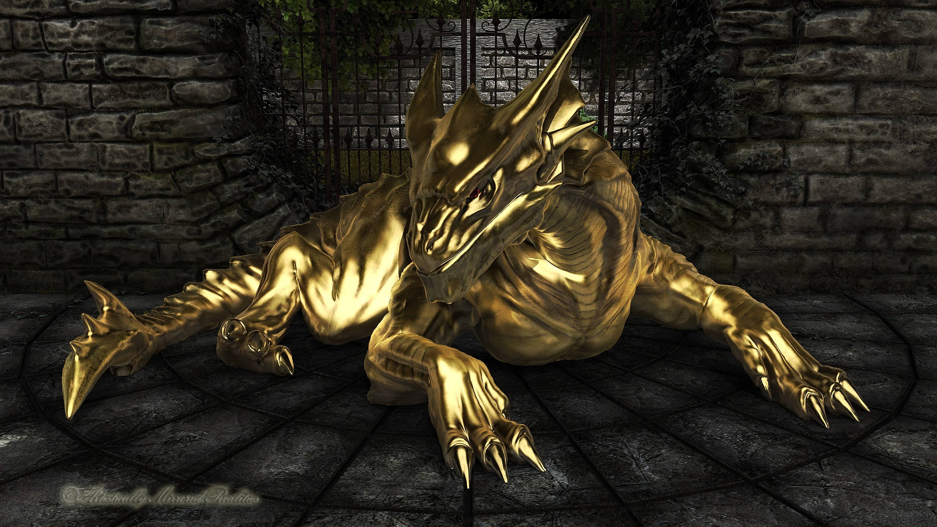 Gold Dragon 桌布 壁紙 — 一尊閃閃發光的金色龍雕像盤踞在石頭庭院中，四周環繞著長滿青苔的磚牆和鍛鐵大門。