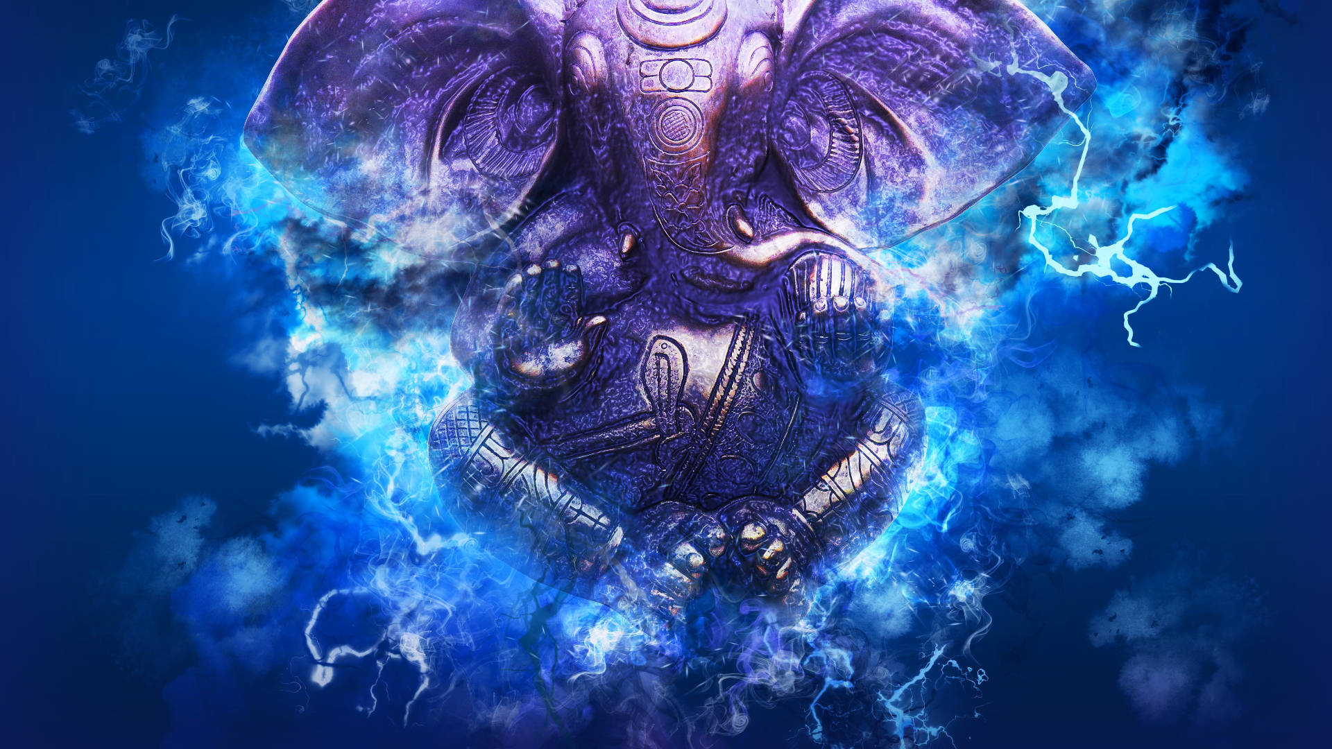 Digital 桌布 壁紙 — 一尊雄偉的紫色大象神在旋轉的雲層和閃電中散發出電藍色的能量。