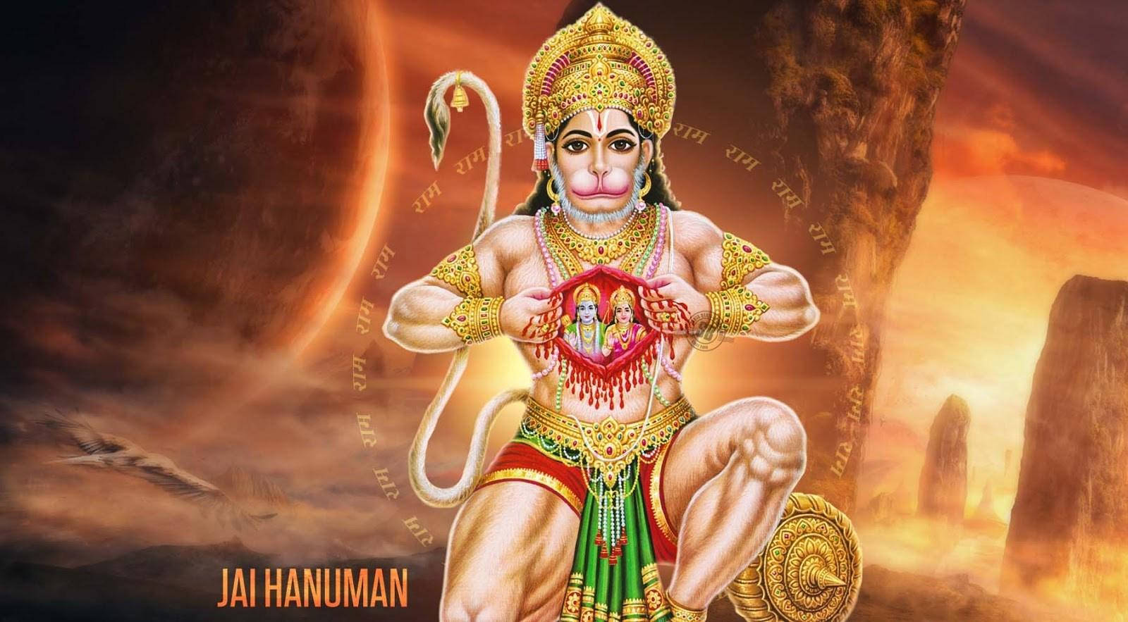 hanuman art 桌布 壁紙 — 一尊雄偉的金色裝飾哈努曼以英雄姿態站立，背景是熾熱的日落和神聖符號。