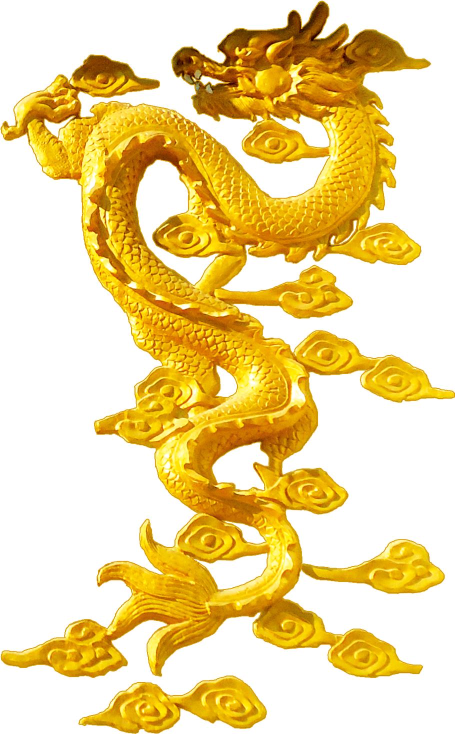 中國龍 桌布 壁紙 — 一尊雄偉的金龍雕塑在旋轉的雲紋中動態盤繞，襯以純黑背景。