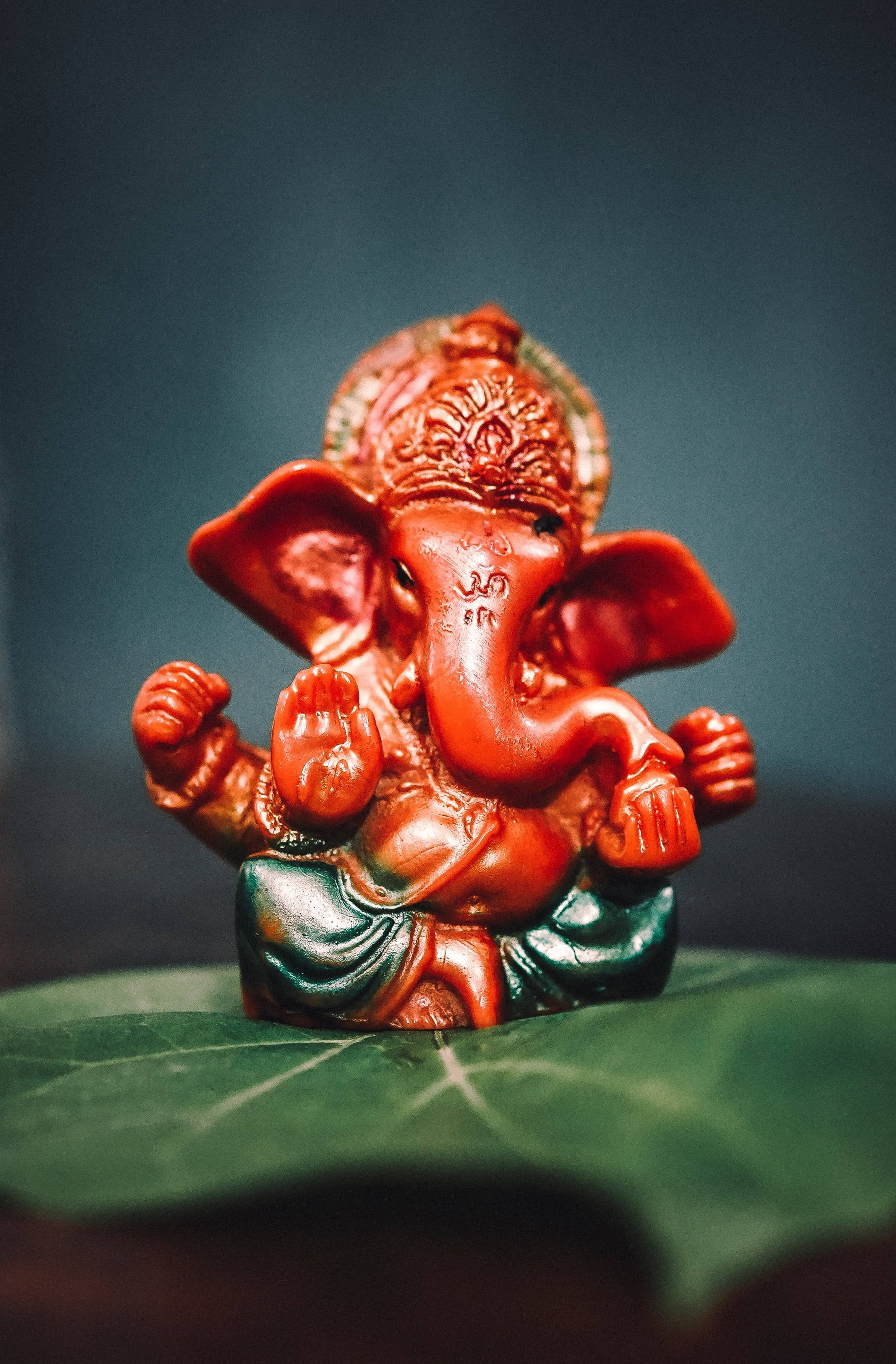 cute ganesha 桌布 壁紙 — 一尊鮮紅色的象神雕像安詳地坐在一片大綠葉上，背景是深色模糊的。
