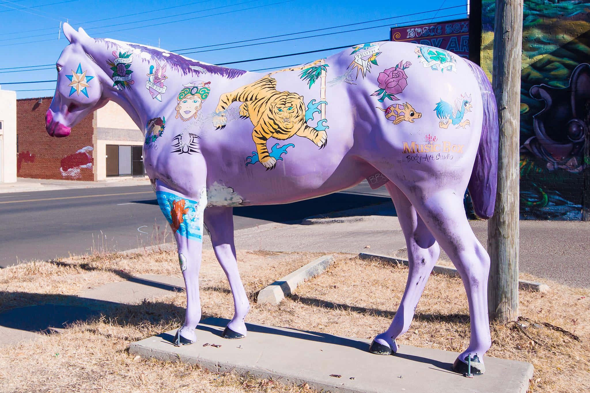 Pretty Horses 桌布 壁紙 — 一尊鮮豔紫色塗漆的馬雕像，飾以色彩繽紛的刺青，佇立在晴朗藍天下的人行道上。